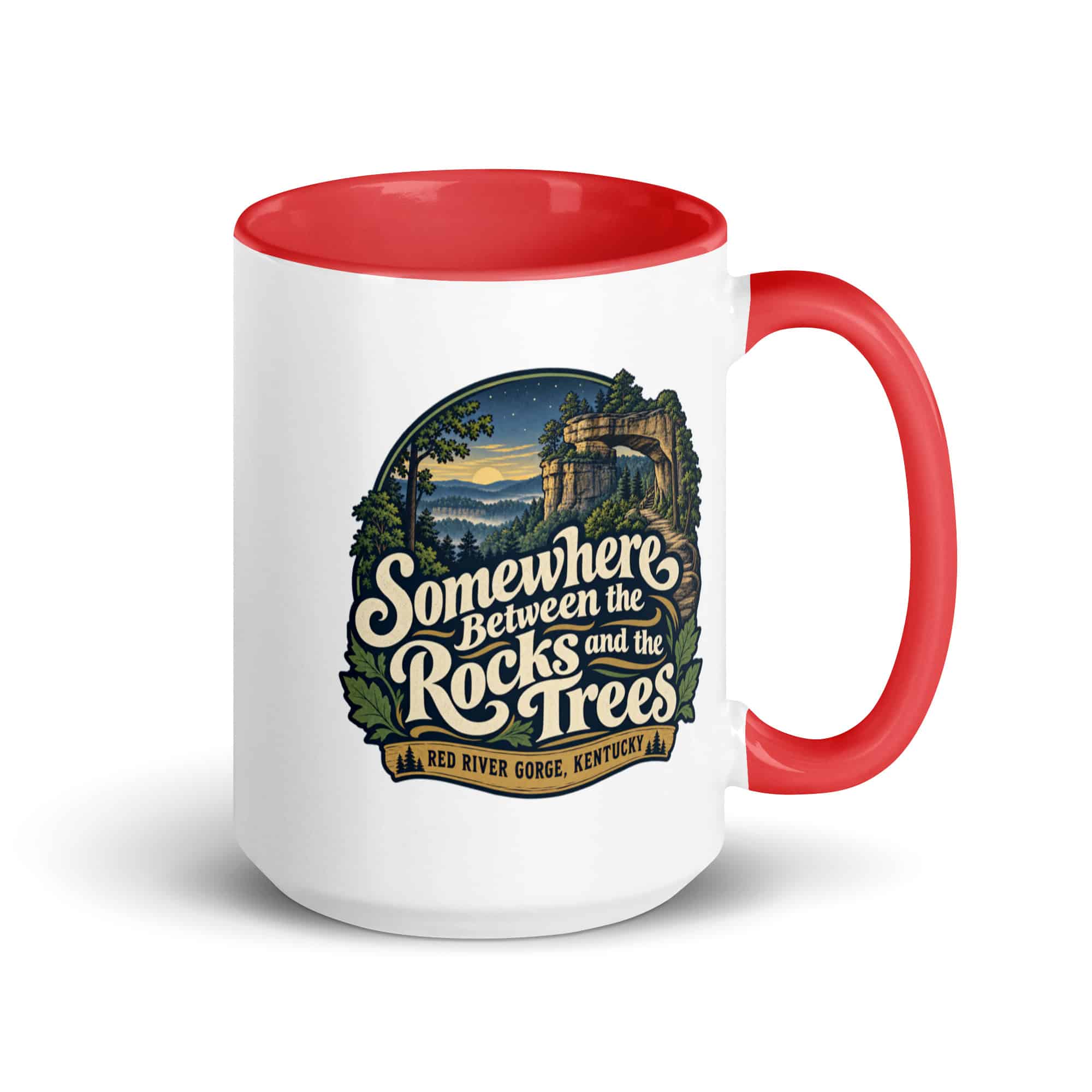 Red River Gorge Color Inside Coffee Mug: Somewhere Between the Rocks and the Trees, Woodland Scenic Lettering
