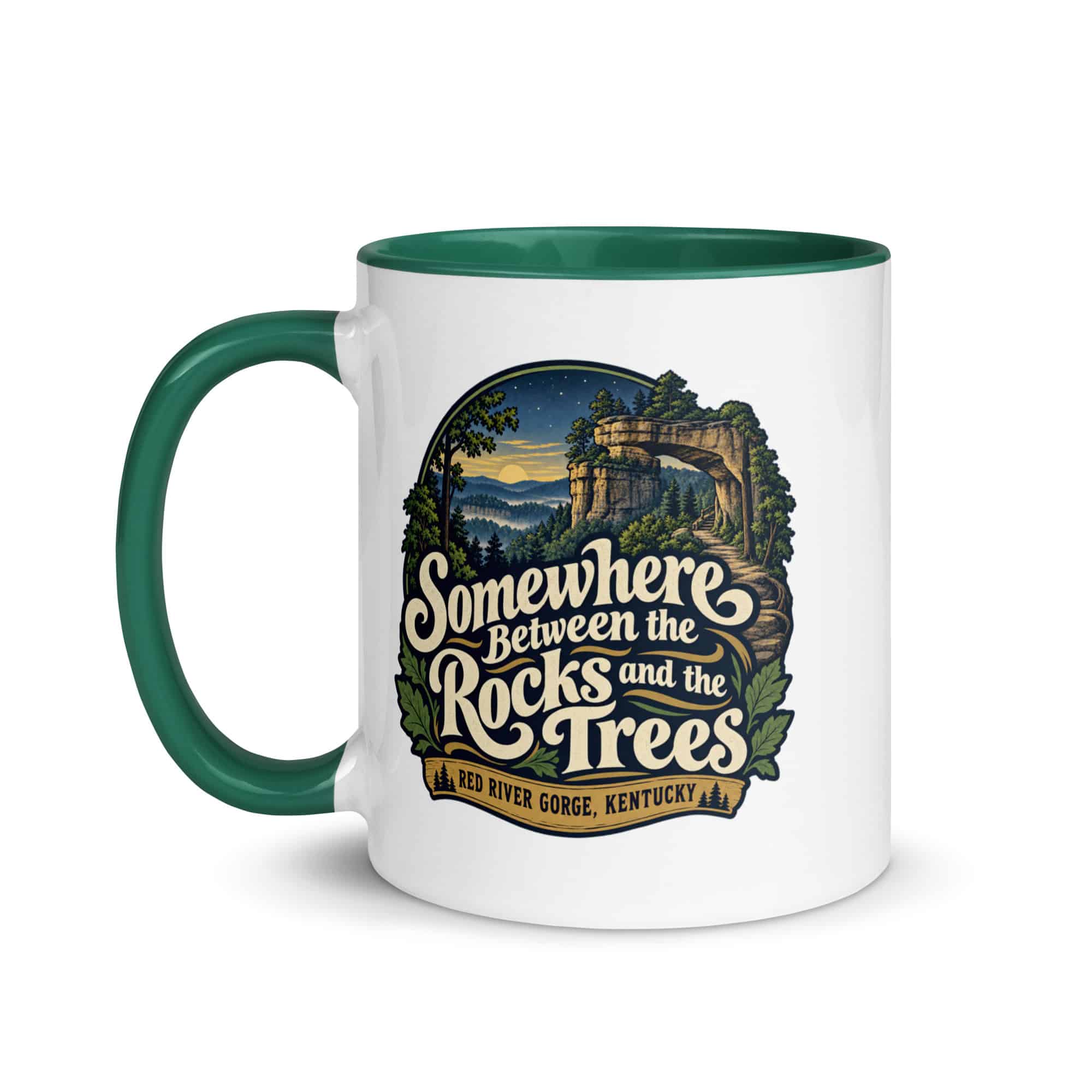 Red River Gorge Color Inside Coffee Mug: Somewhere Between the Rocks and the Trees, Woodland Scenic Lettering