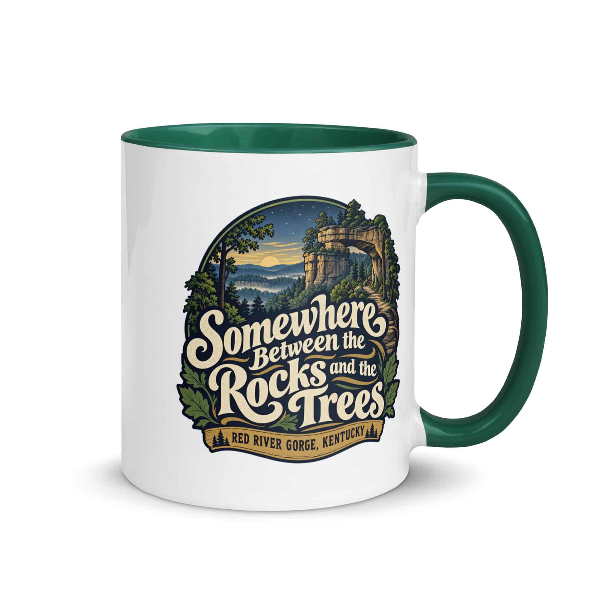Red River Gorge Color Inside Coffee Mug: Somewhere Between the Rocks and the Trees, Woodland Scenic Lettering
