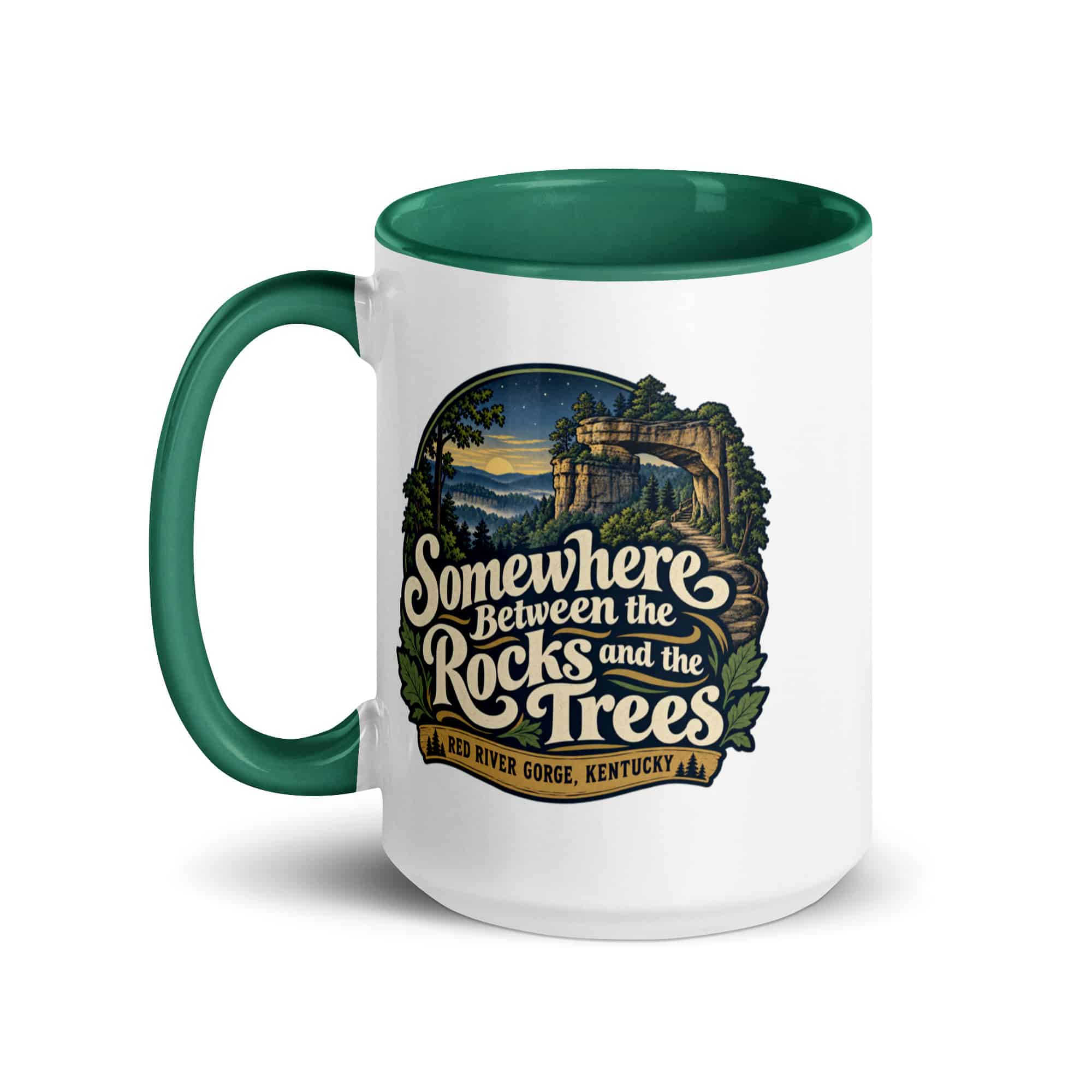 Red River Gorge Color Inside Coffee Mug: Somewhere Between the Rocks and the Trees, Woodland Scenic Lettering
