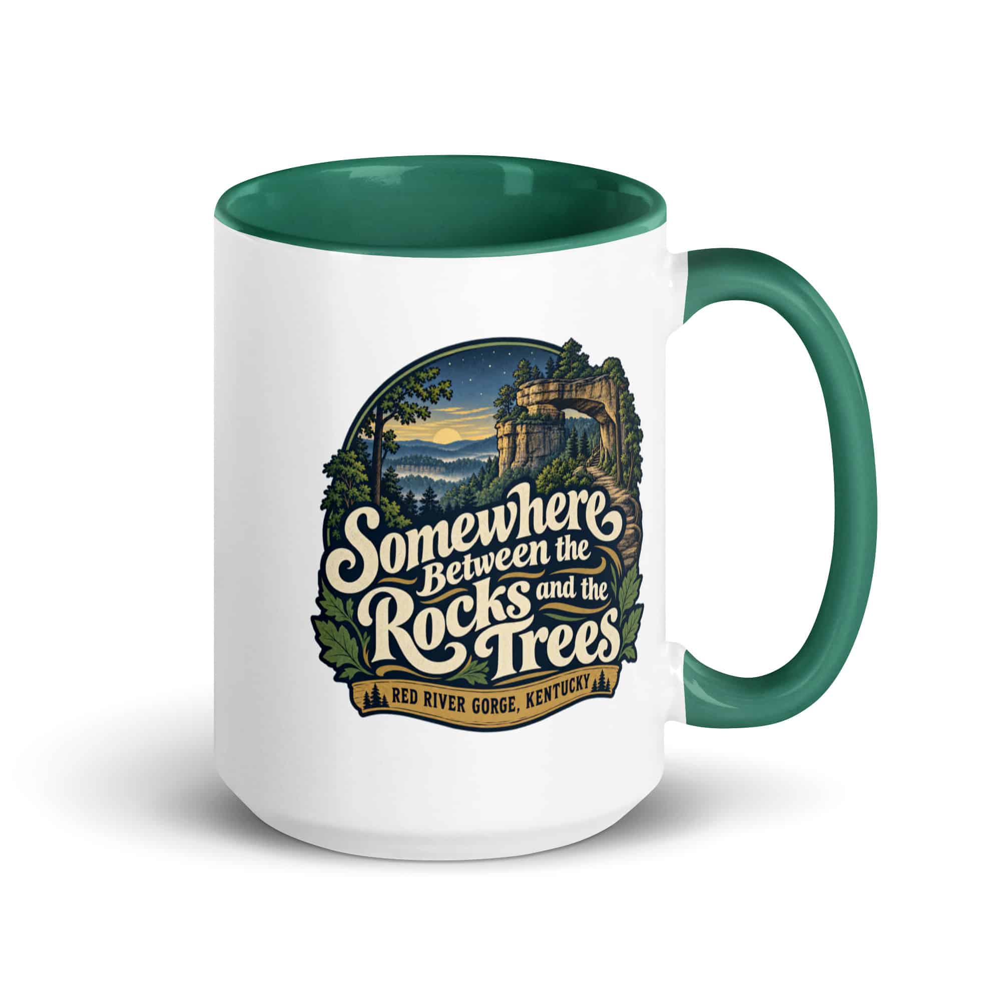 Red River Gorge Color Inside Coffee Mug: Somewhere Between the Rocks and the Trees, Woodland Scenic Lettering