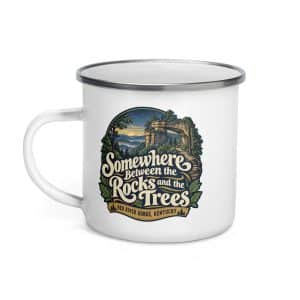 Red River Gorge Enamel Camp Mug: Somewhere Between the Rocks and the Trees, Woodland Scenic Lettering - 12 oz - Left