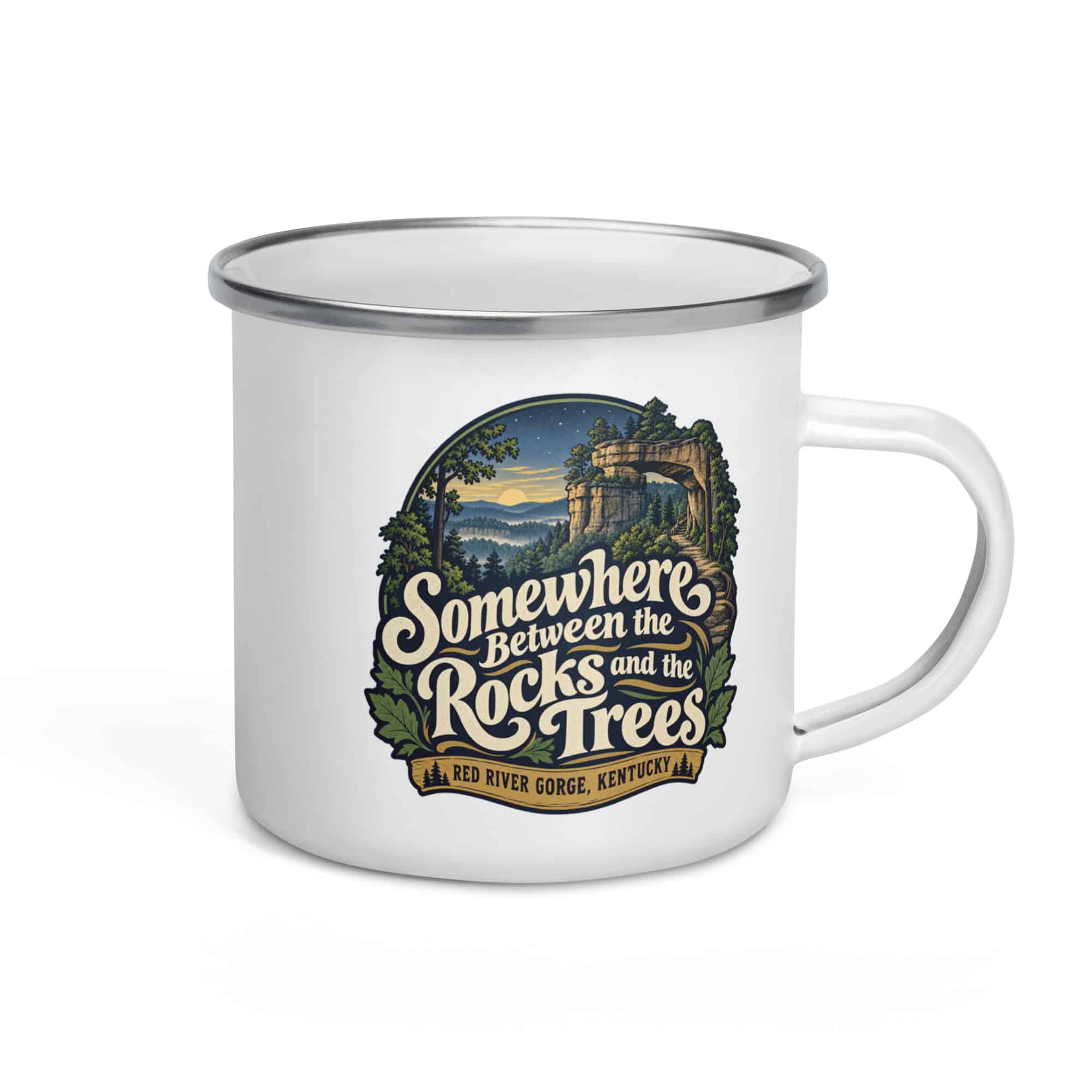 Red River Gorge Enamel Camp Mug: Somewhere Between the Rocks and the Trees, Woodland Scenic Lettering