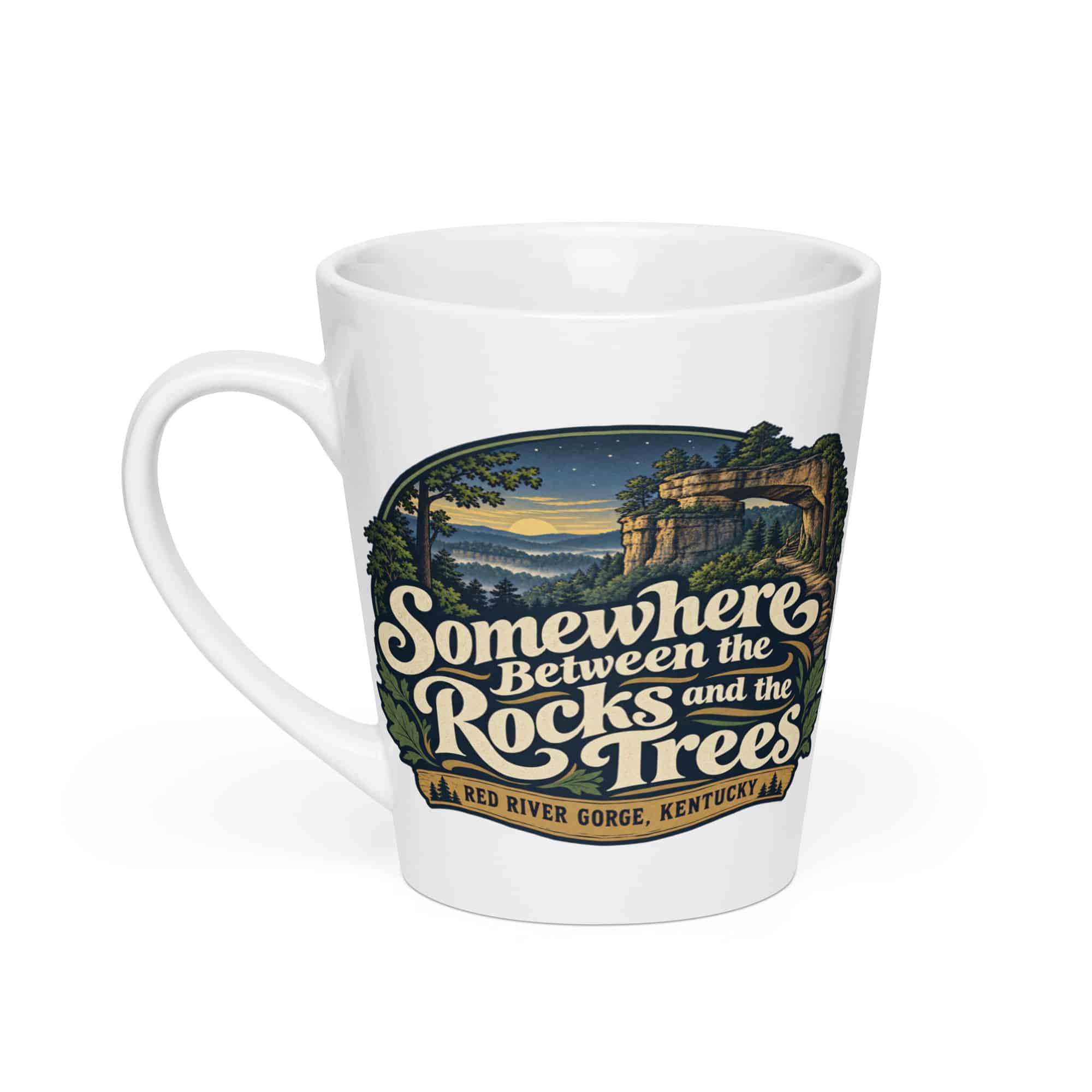 Red River Gorge Latte Mug: Somewhere Between the Rocks and the Trees, Woodland Scenic Lettering