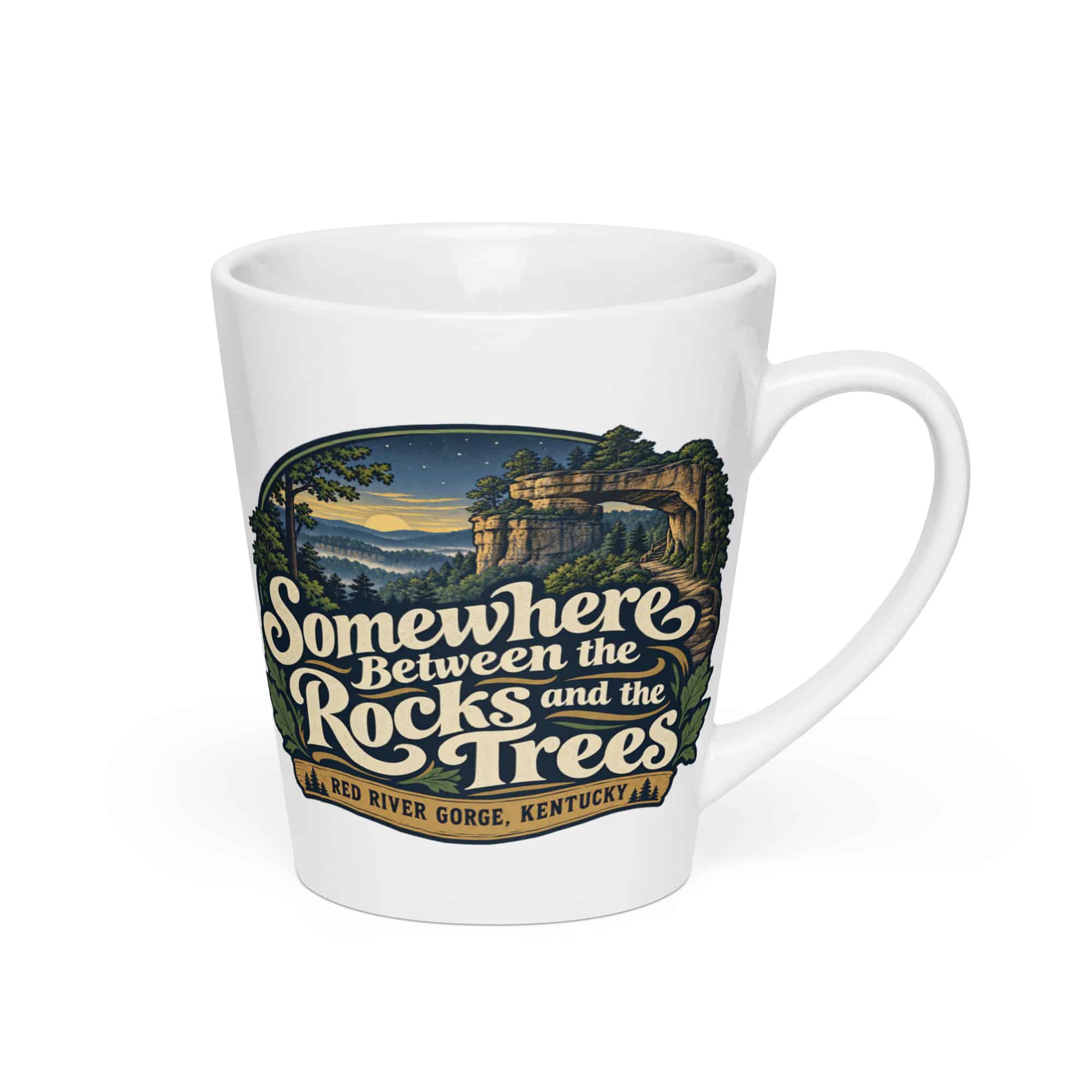 Red River Gorge Latte Mug: Somewhere Between the Rocks and the Trees, Woodland Scenic Lettering