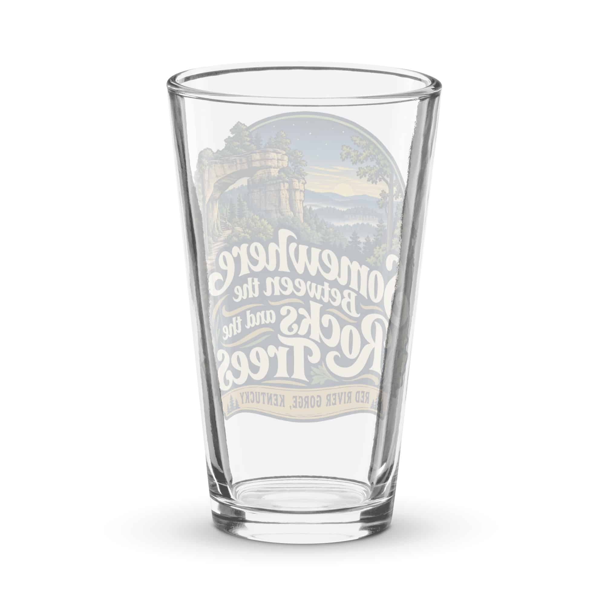 Red River Gorge Pint Glass: Somewhere Between the Rocks and the Trees, Woodland Scenic Lettering