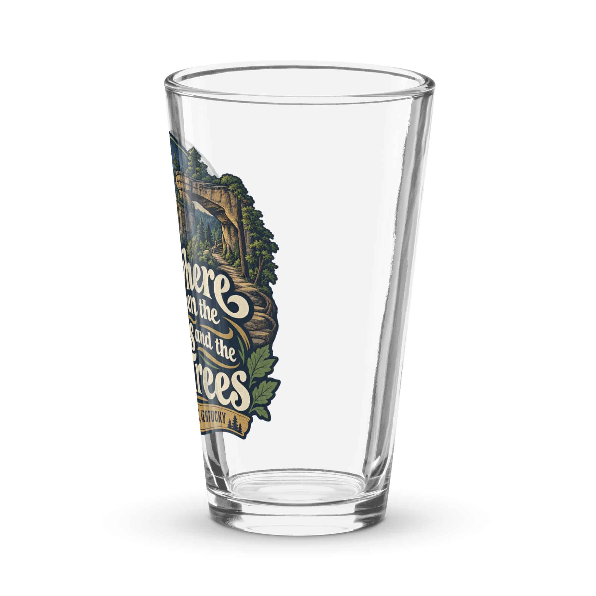 Red River Gorge Pint Glass: Somewhere Between the Rocks and the Trees, Woodland Scenic Lettering