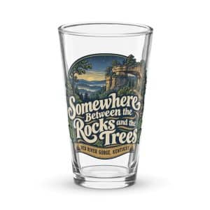 Red River Gorge Pint Glass: Somewhere Between the Rocks and the Trees, Woodland Scenic Lettering - 16 oz - Main