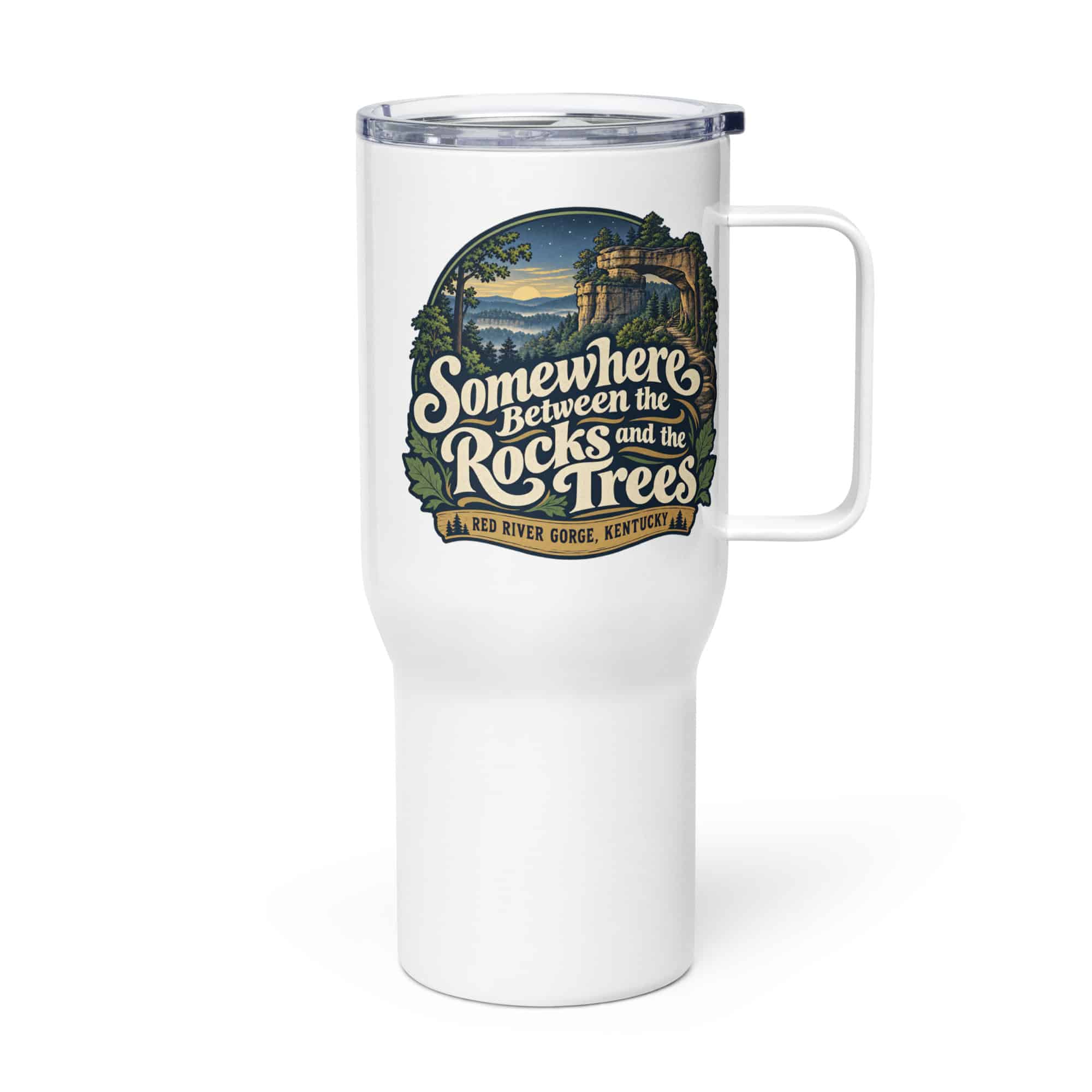 Red River Gorge Travel Mug: Somewhere Between the Rocks and the Trees, Woodland Scenic Lettering