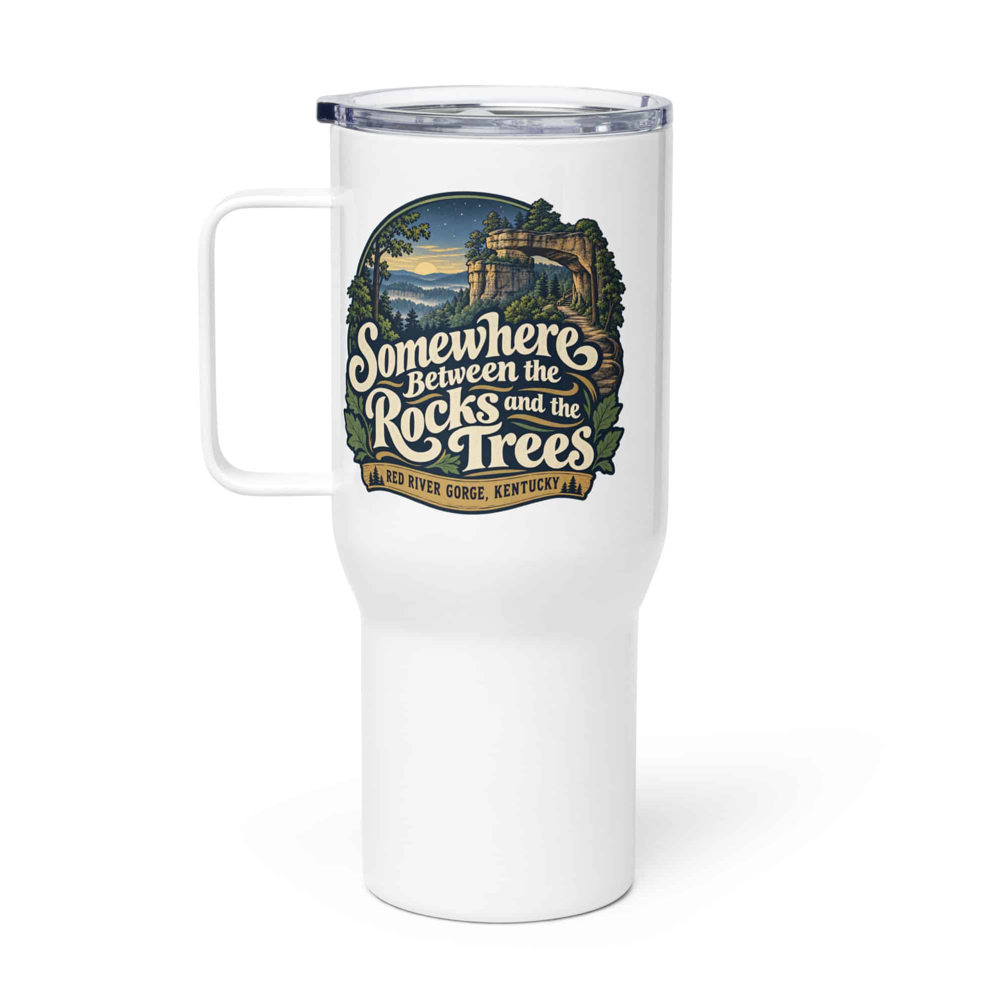 Red River Gorge Travel Mug: Somewhere Between the Rocks and the Trees, Woodland Scenic Lettering
