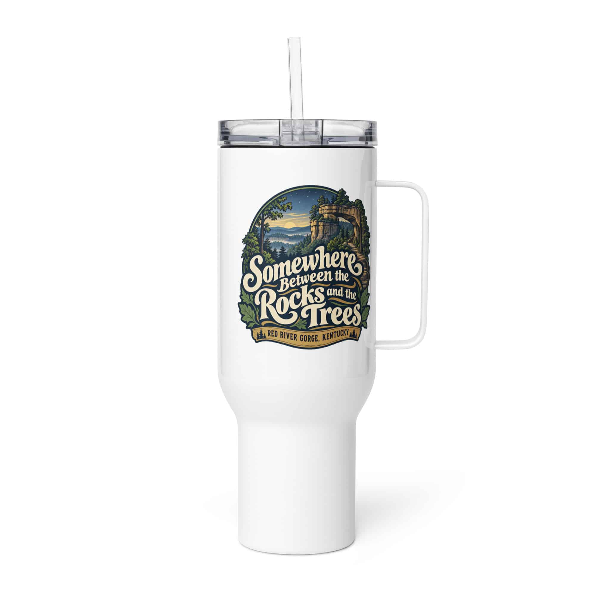 Red River Gorge Travel Mug: Somewhere Between the Rocks and the Trees, Woodland Scenic Lettering