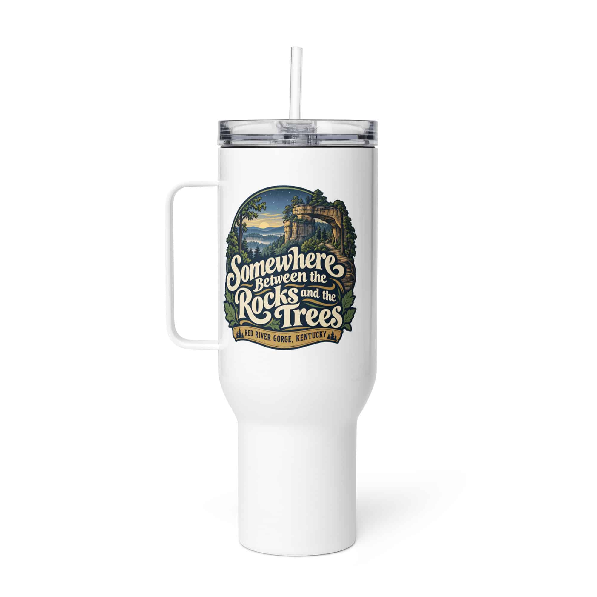 Red River Gorge Travel Mug: Somewhere Between the Rocks and the Trees, Woodland Scenic Lettering