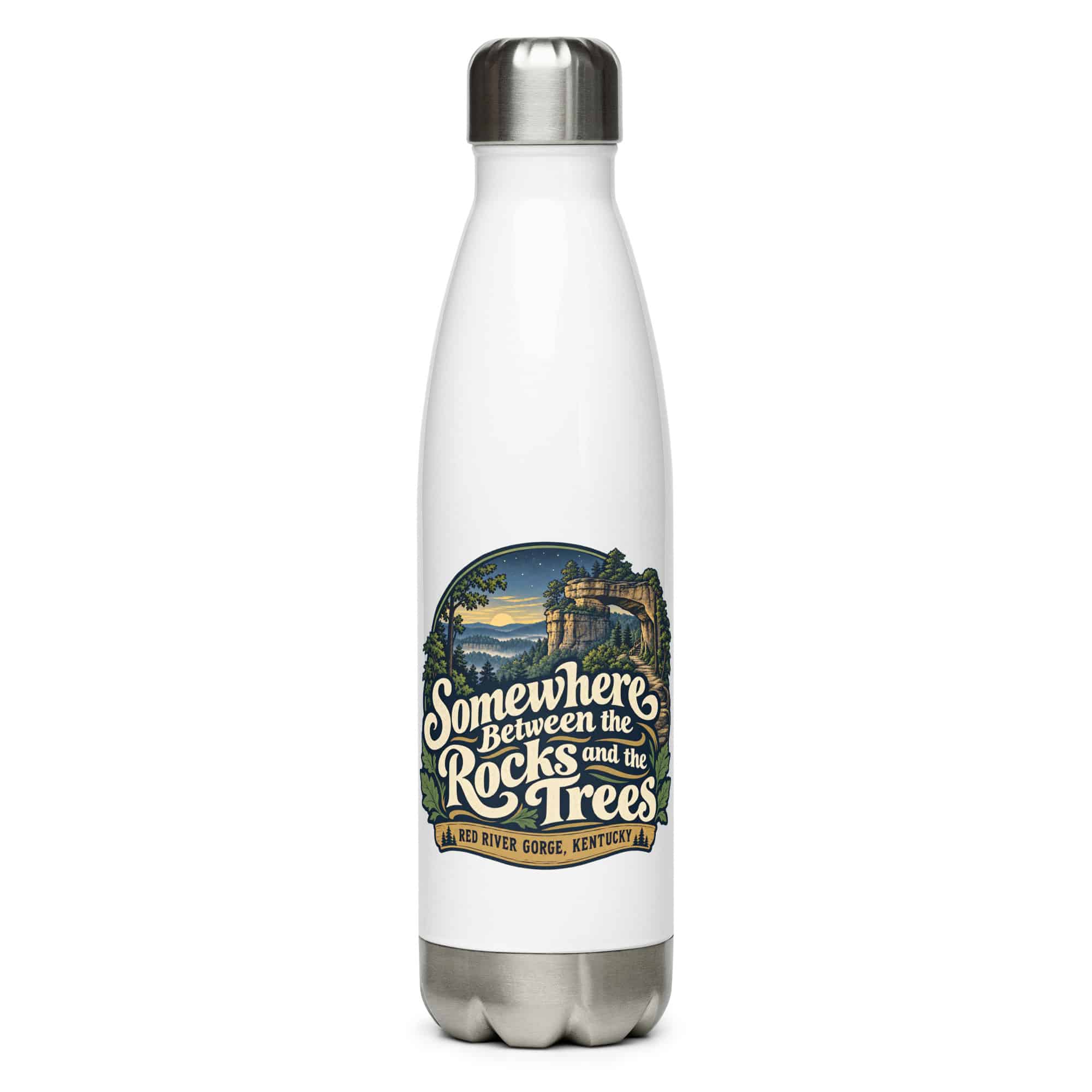 Red River Gorge Stainless Steel Water Bottle: Somewhere Between the Rocks and the Trees, Woodland Scenic Lettering