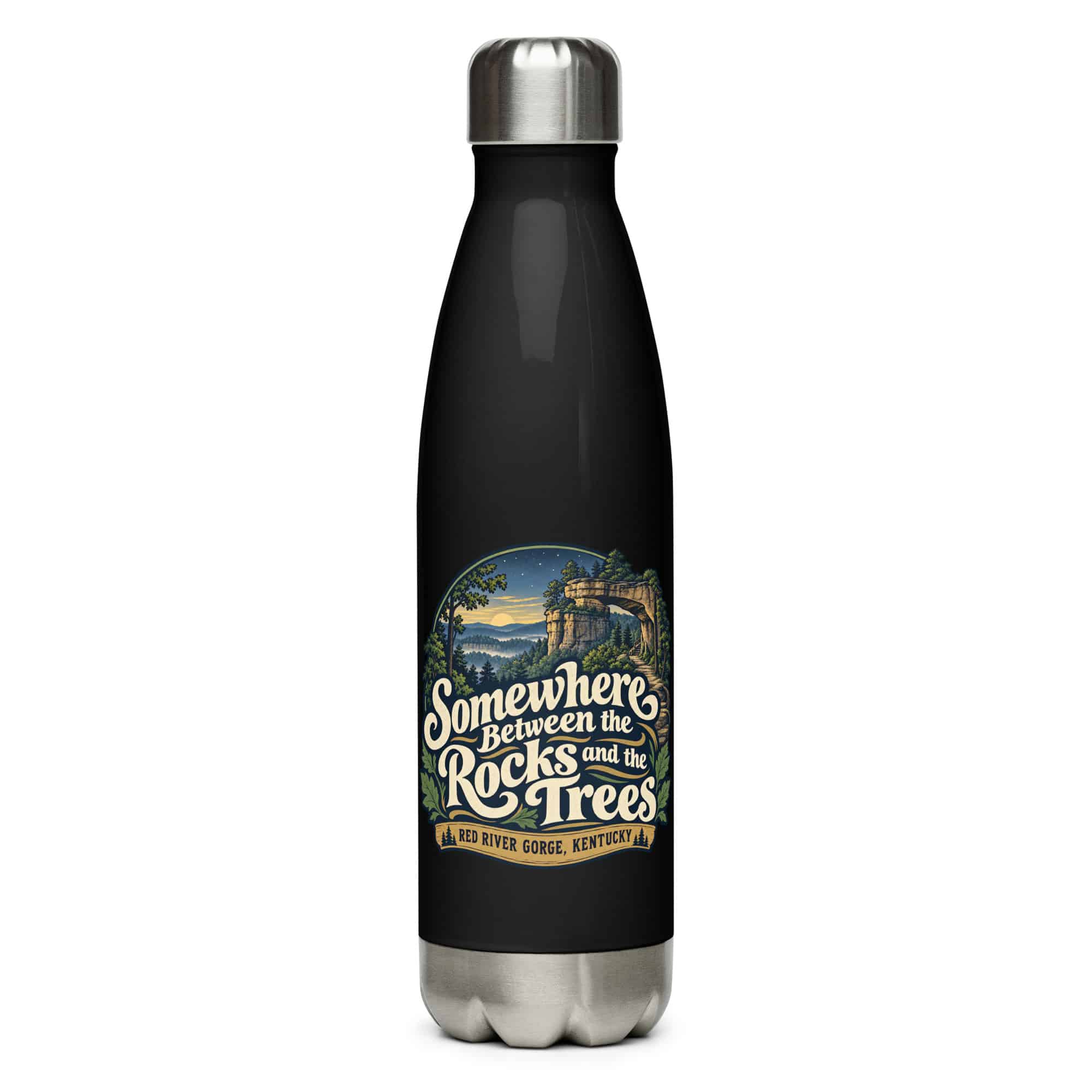 Red River Gorge Stainless Steel Water Bottle: Somewhere Between the Rocks and the Trees, Woodland Scenic Lettering