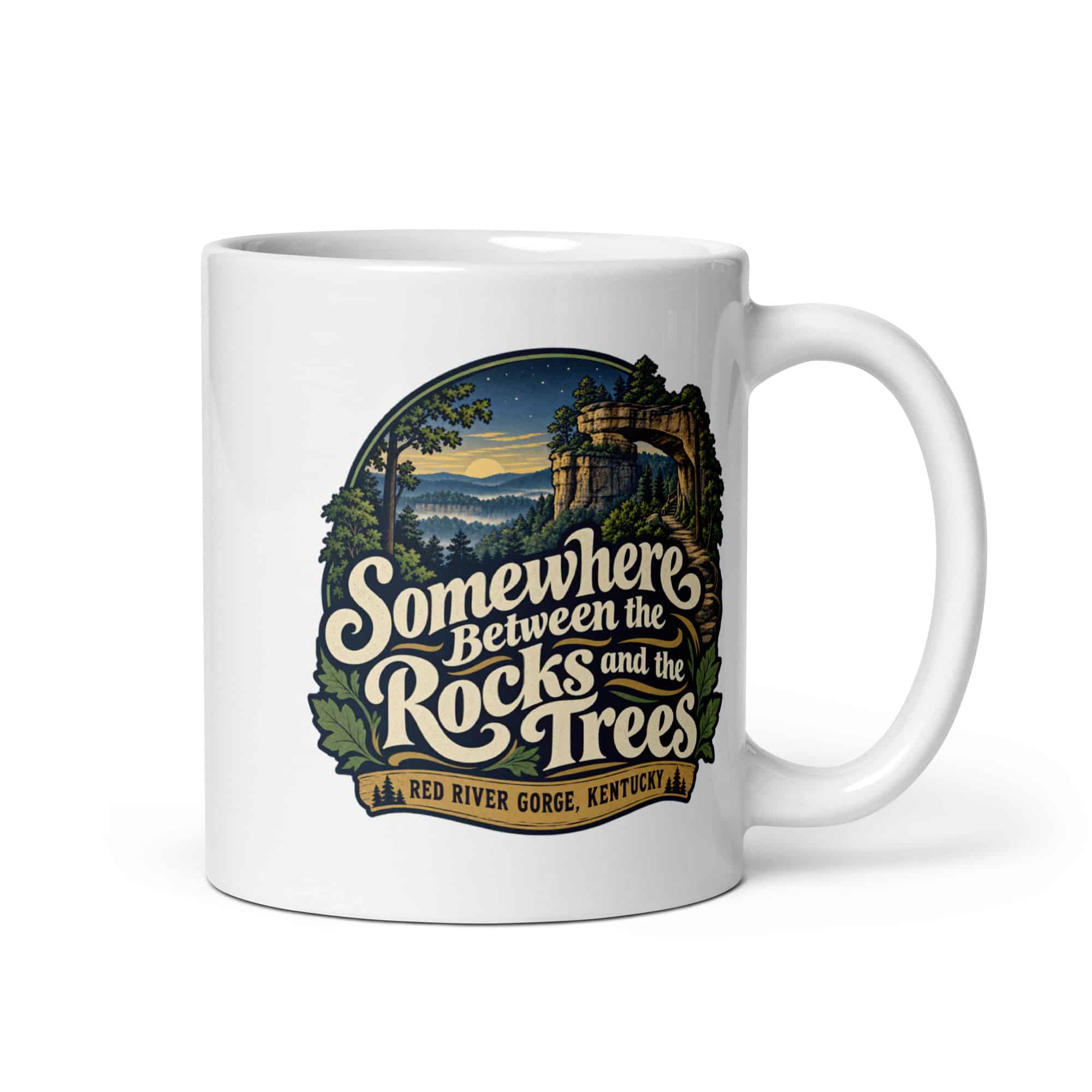 Red River Gorge White Ceramic Coffee Mug: Somewhere Between the Rocks and the Trees, Woodland Scenic Lettering