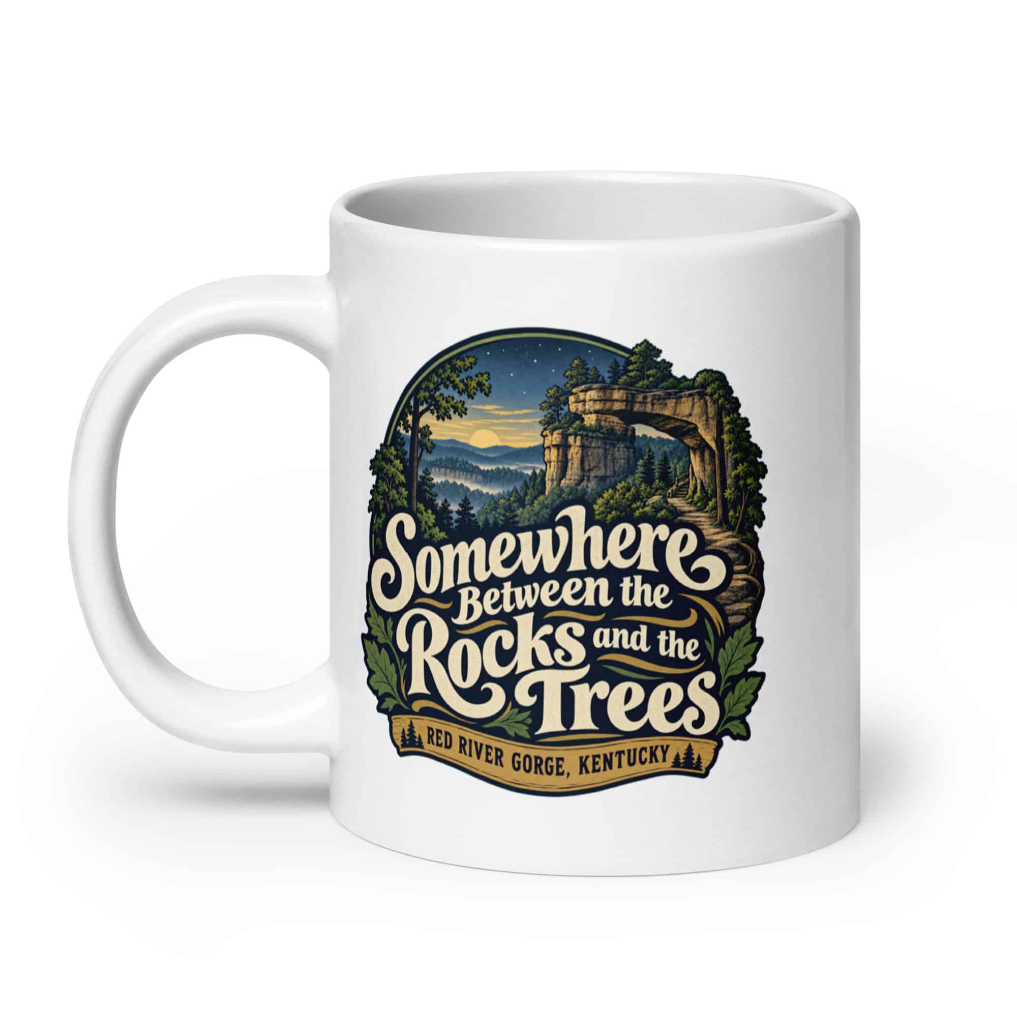 Red River Gorge White Ceramic Coffee Mug: Somewhere Between the Rocks and the Trees, Woodland Scenic Lettering