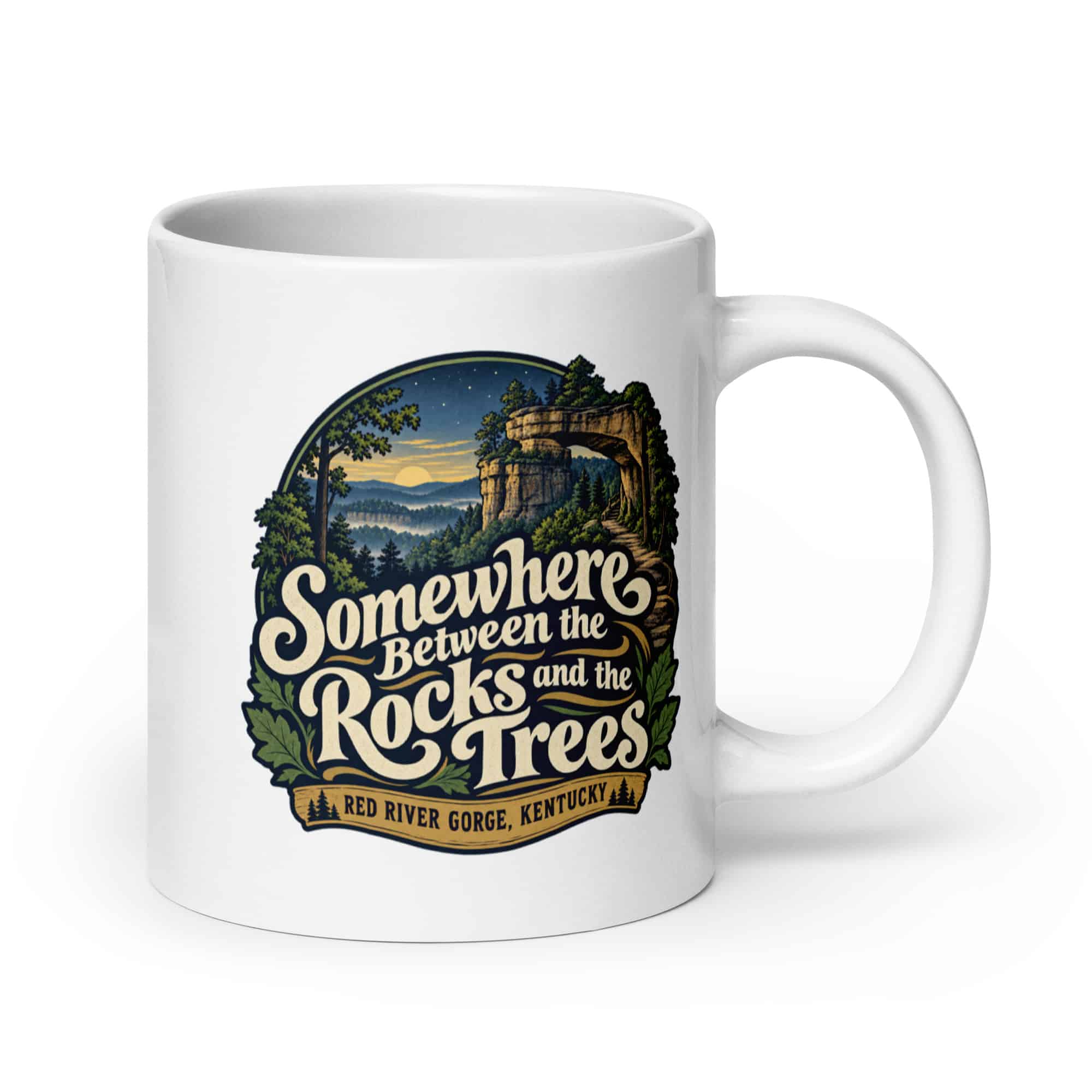 Red River Gorge White Ceramic Coffee Mug: Somewhere Between the Rocks and the Trees, Woodland Scenic Lettering
