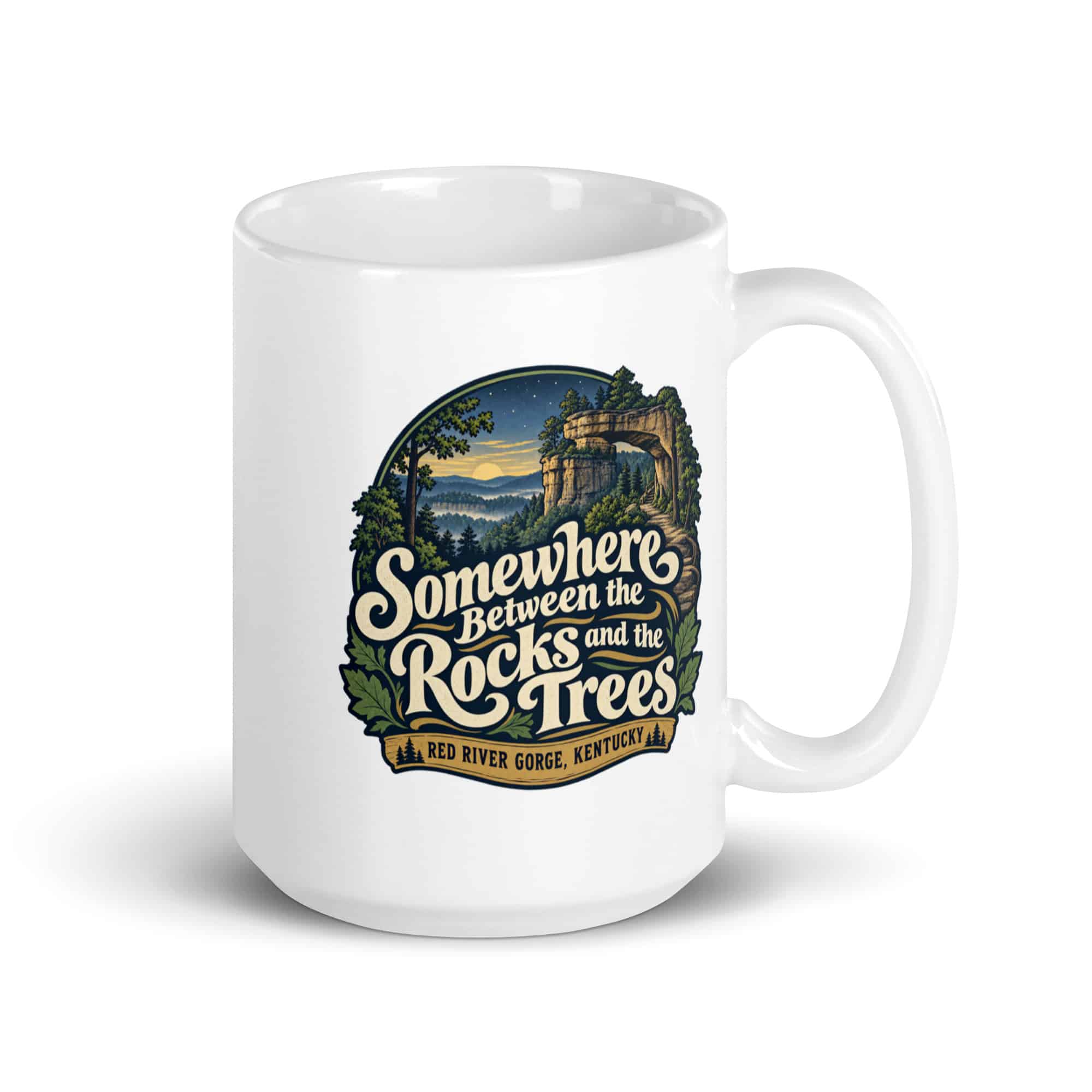 Red River Gorge White Ceramic Coffee Mug: Somewhere Between the Rocks and the Trees, Woodland Scenic Lettering