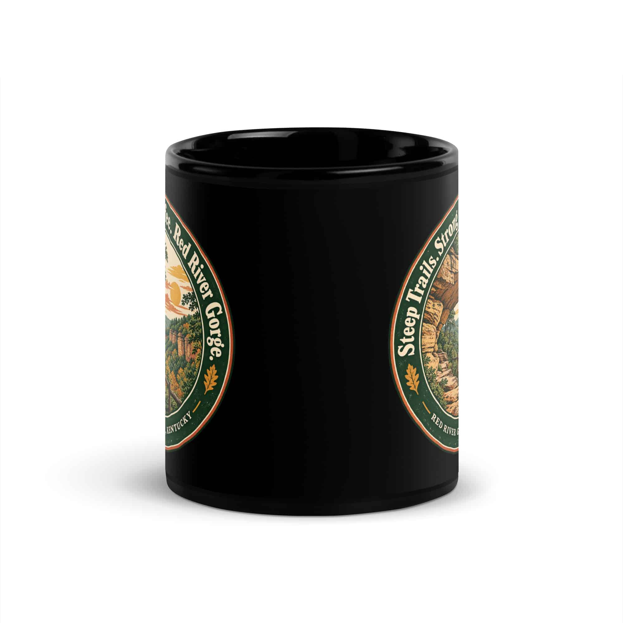 Red River Gorge Black Coffee Mug: Steep Trails. Strong Coffee. Red River Gorge, Vintage Round Badge