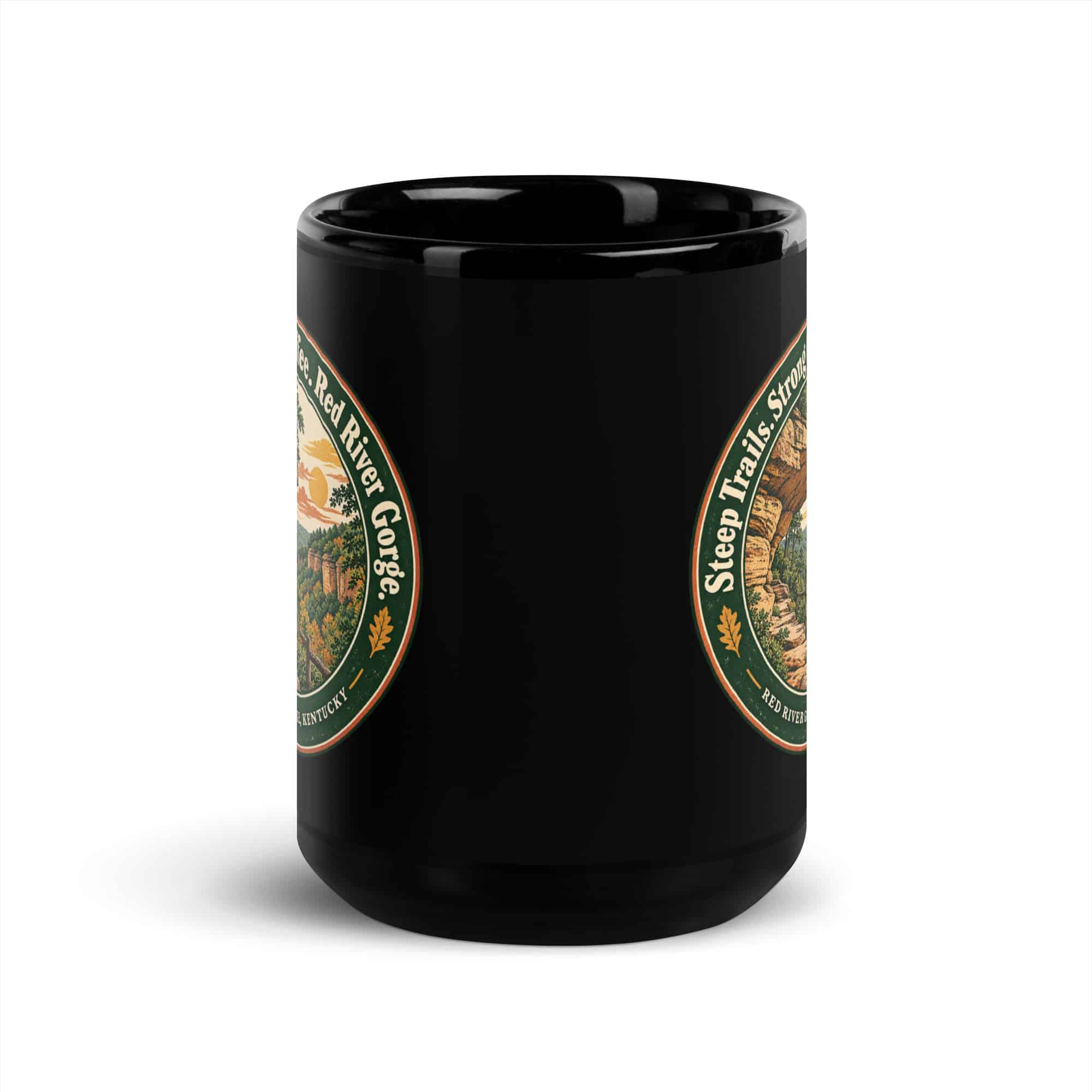 Red River Gorge Black Coffee Mug: Steep Trails. Strong Coffee. Red River Gorge, Vintage Round Badge