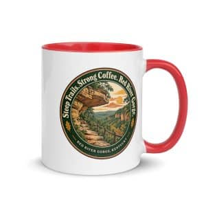 Red River Gorge Color Inside Coffee Mug: Steep Trails. Strong Coffee. Red River Gorge, Vintage Round Badge - 11 oz - Main