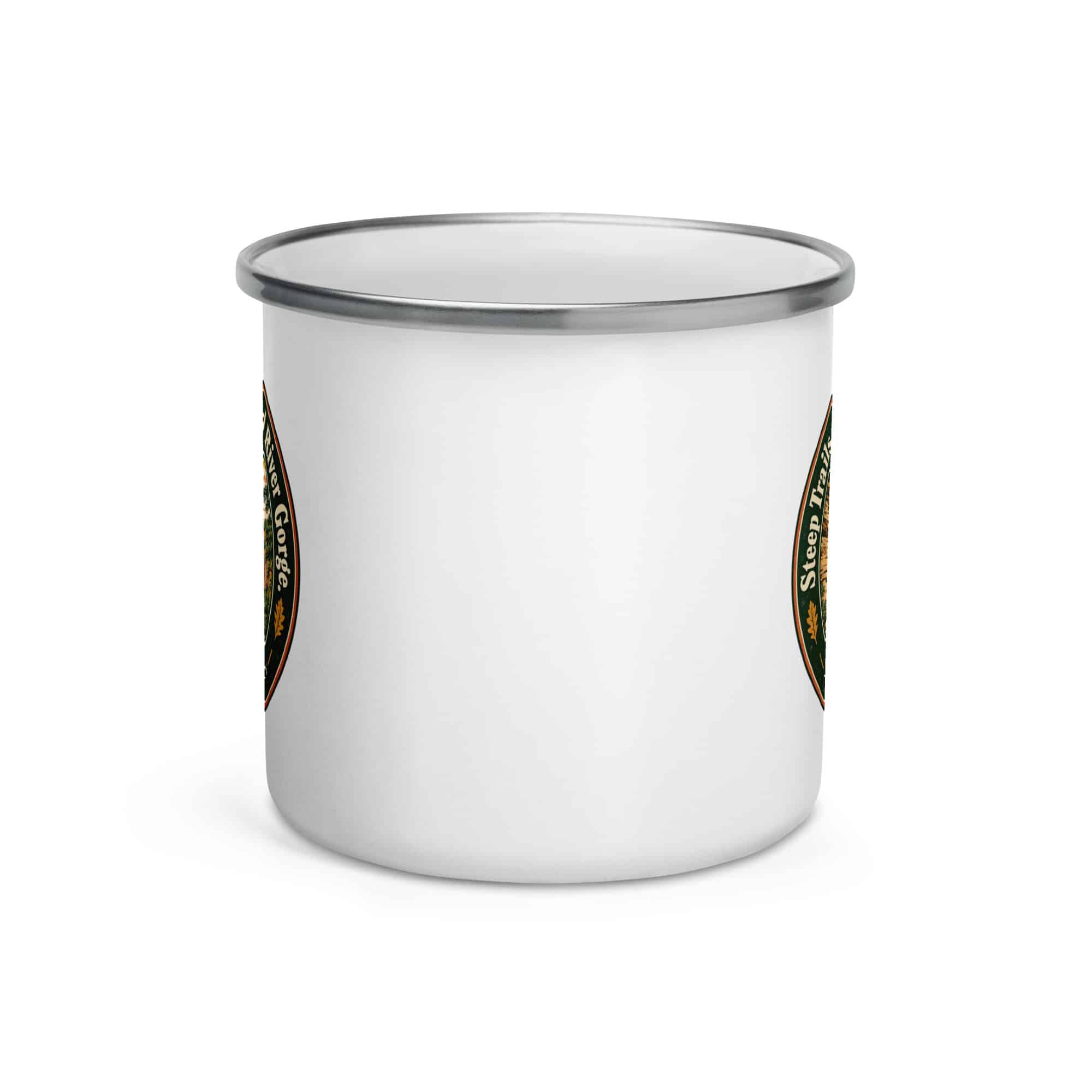 Red River Gorge Enamel Camp Mug: Steep Trails. Strong Coffee. Red River Gorge, Vintage Round Badge