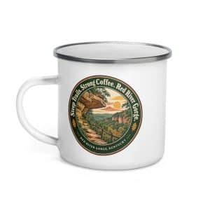 Red River Gorge Enamel Camp Mug: Steep Trails. Strong Coffee. Red River Gorge, Vintage Round Badge - 12 oz - Left