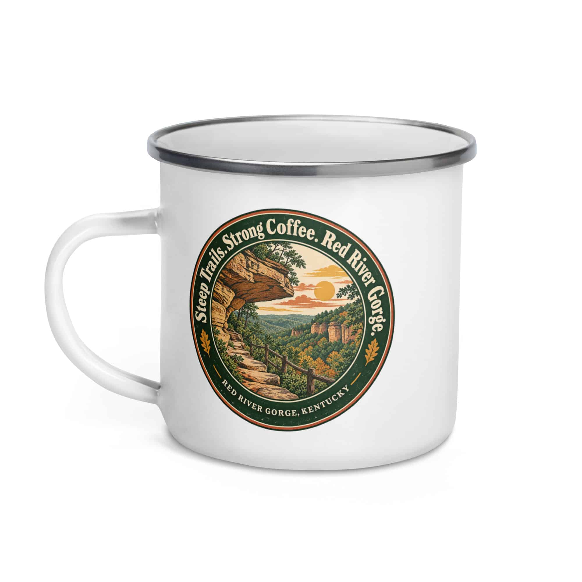 Red River Gorge Enamel Camp Mug: Steep Trails. Strong Coffee. Red River Gorge, Vintage Round Badge