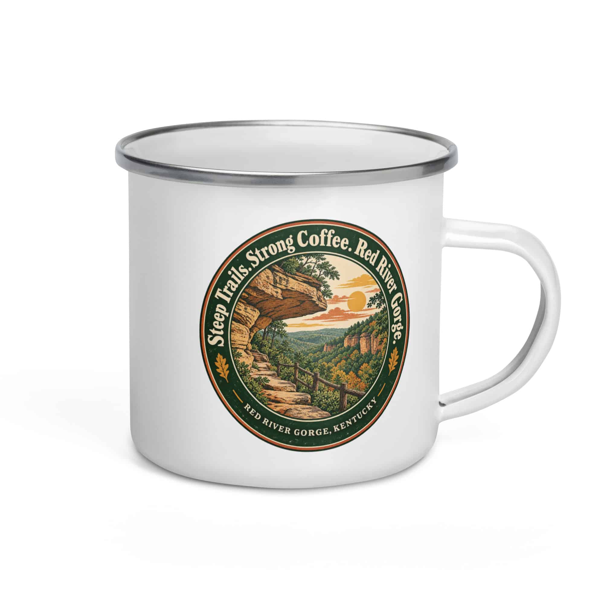 Red River Gorge Enamel Camp Mug: Steep Trails. Strong Coffee. Red River Gorge, Vintage Round Badge