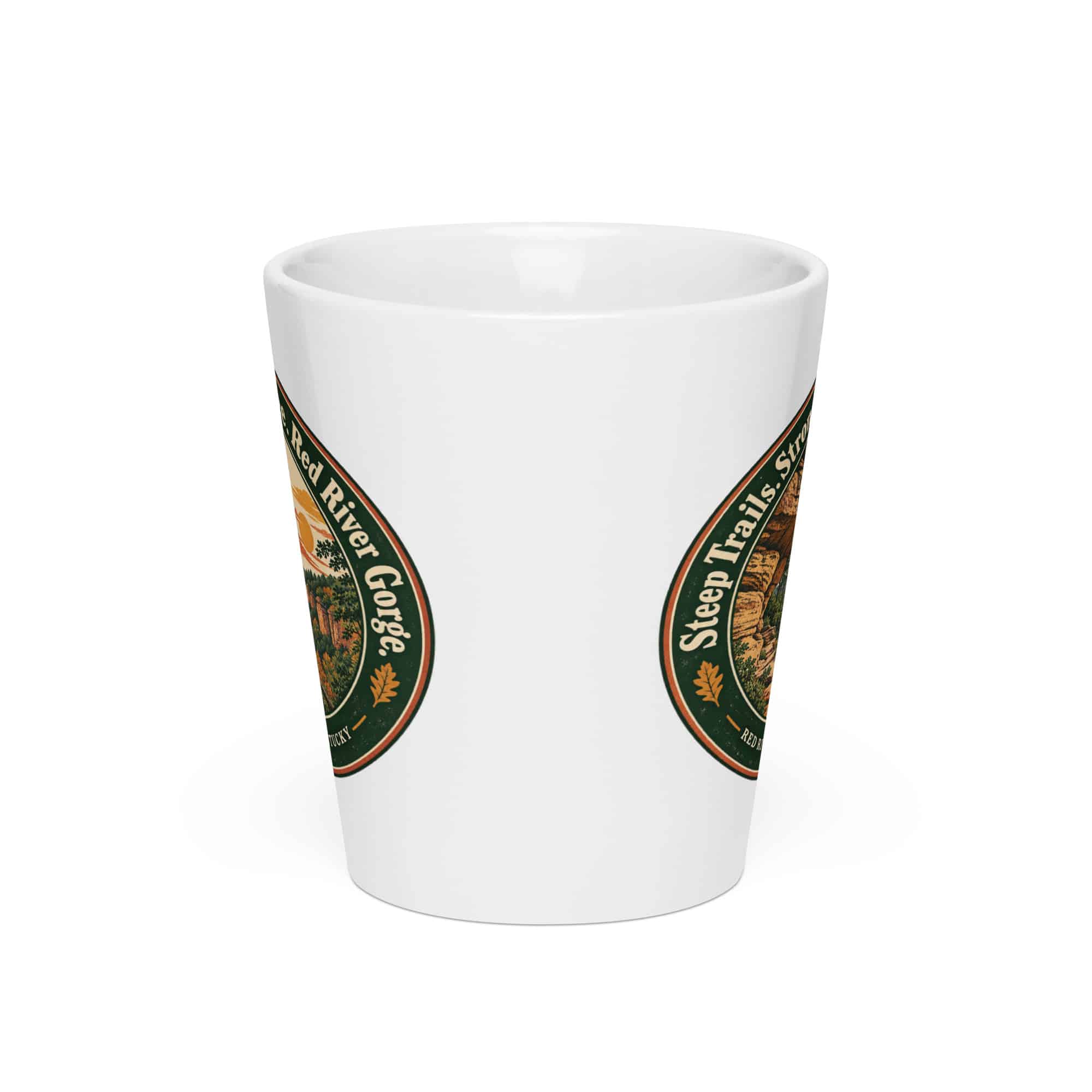 Red River Gorge Latte Mug: Steep Trails. Strong Coffee. Red River Gorge, Vintage Round Badge