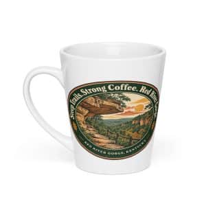 Red River Gorge Latte Mug: Steep Trails. Strong Coffee. Red River Gorge, Vintage Round Badge - 12 oz - Main