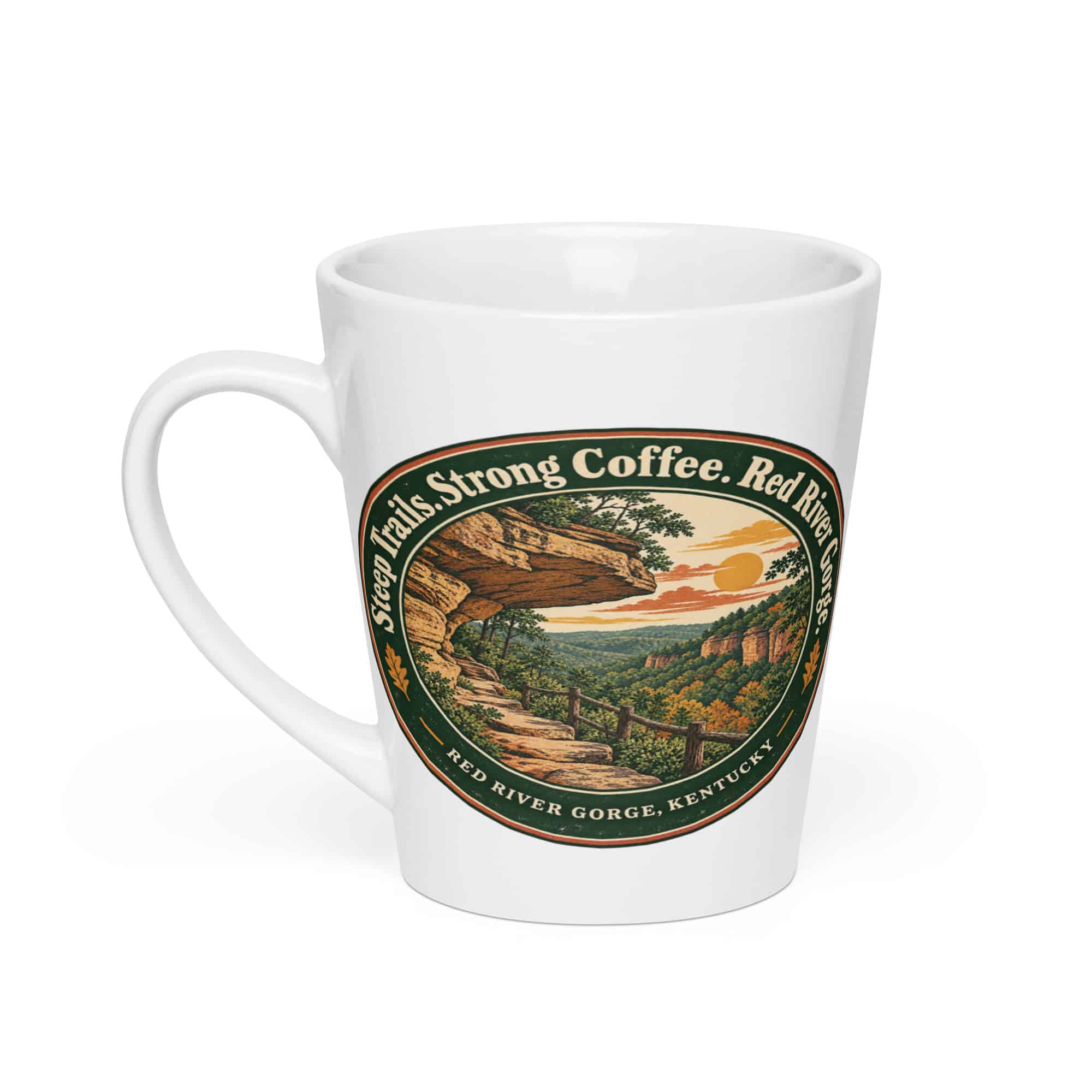 Red River Gorge Latte Mug: Steep Trails. Strong Coffee. Red River Gorge, Vintage Round Badge