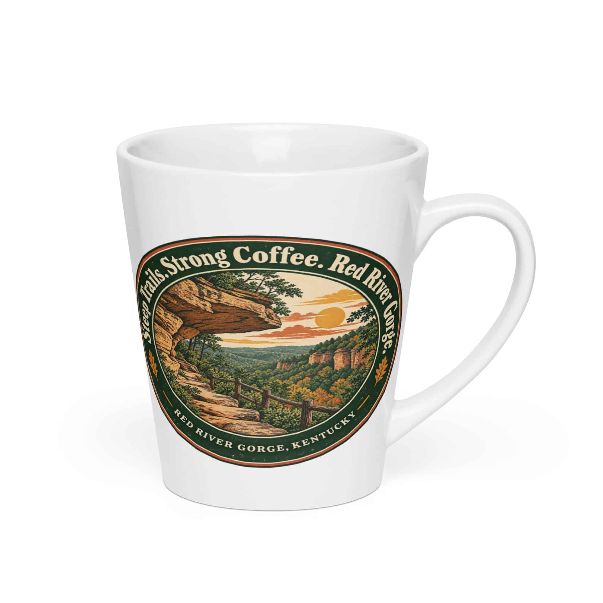 Red River Gorge Latte Mug: Steep Trails. Strong Coffee. Red River Gorge, Vintage Round Badge