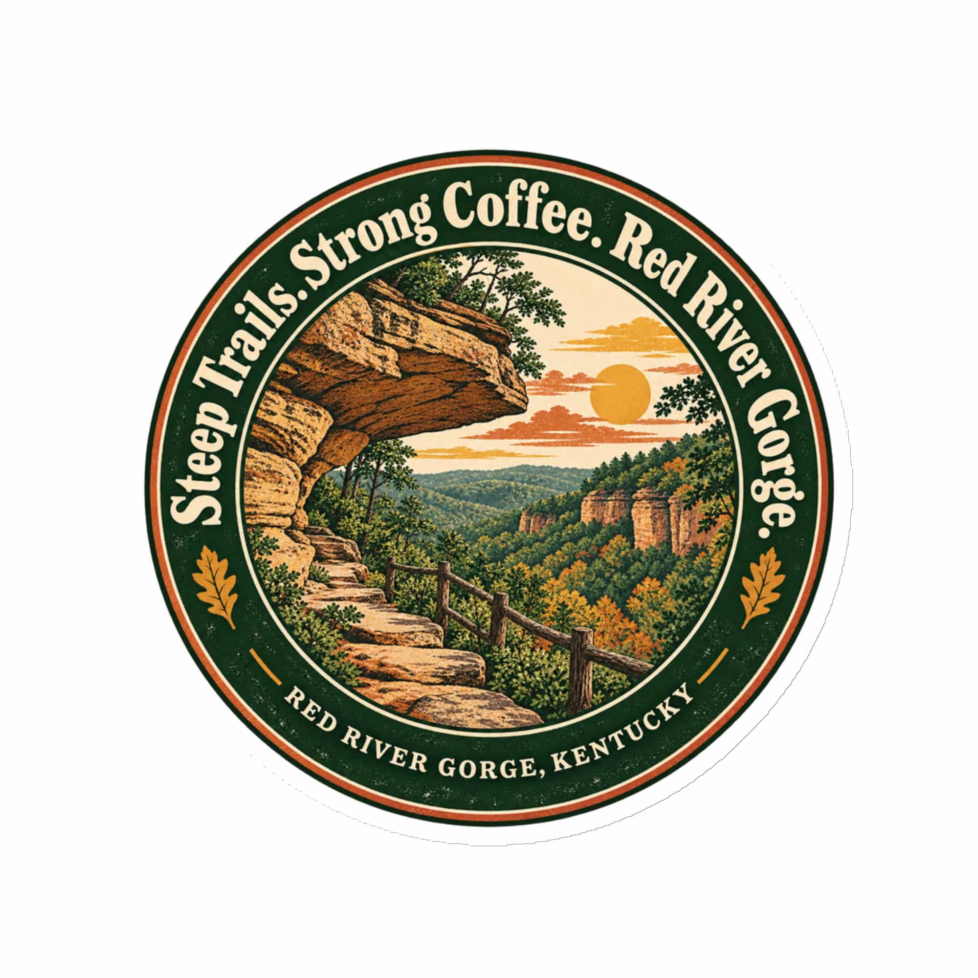 Red River Gorge Die-Cut Magnet: Steep Trails. Strong Coffee. Red River Gorge, Vintage Round Badge