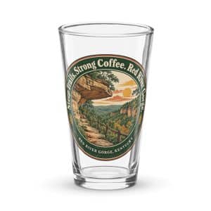 Red River Gorge Pint Glass: Steep Trails. Strong Coffee. Red River Gorge, Vintage Round Badge - 16 oz - Main