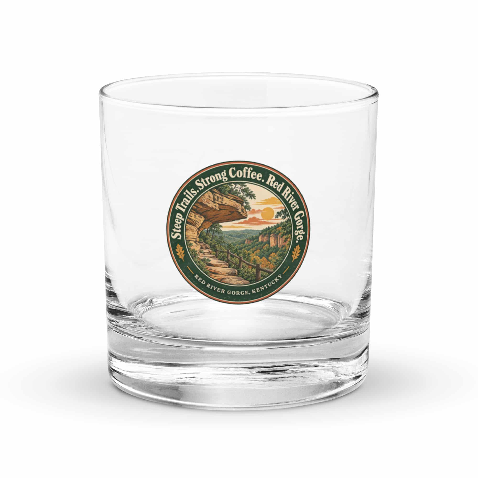 Red River Gorge Rocks Glass: Steep Trails. Strong Coffee. Red River Gorge, Vintage Round Badge