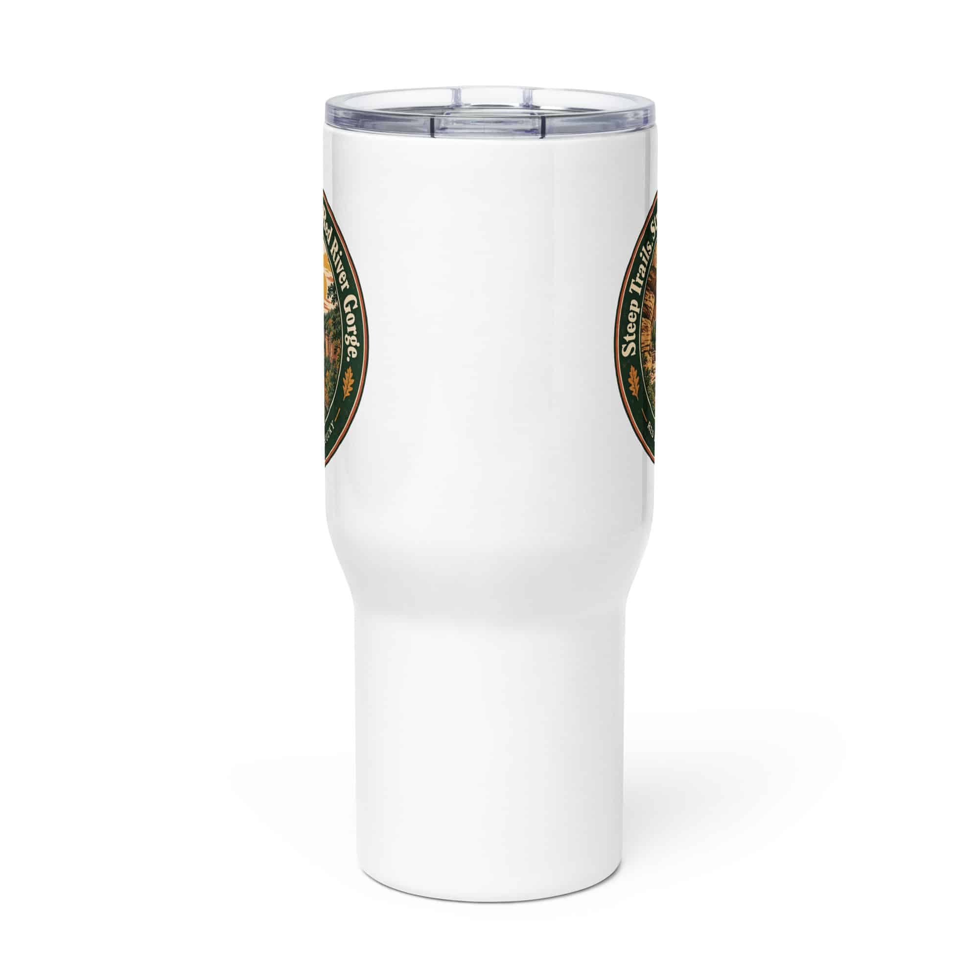 Red River Gorge Travel Mug: Steep Trails. Strong Coffee. Red River Gorge, Vintage Round Badge