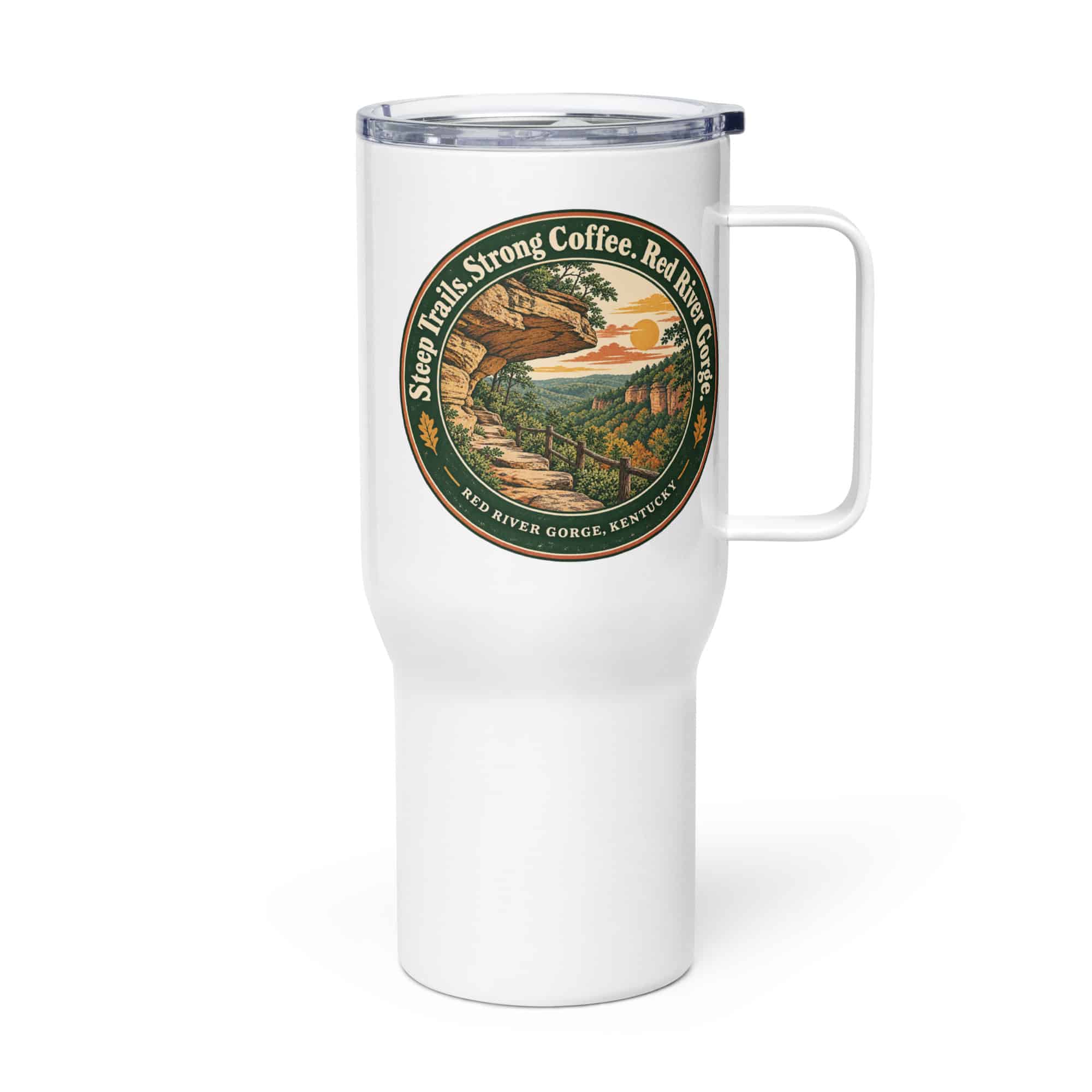 Red River Gorge Travel Mug: Steep Trails. Strong Coffee. Red River Gorge, Vintage Round Badge