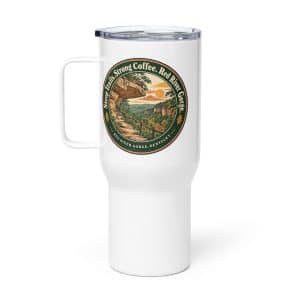 Red River Gorge Travel Mug: Steep Trails. Strong Coffee. Red River Gorge, Vintage Round Badge - 25 oz - Main