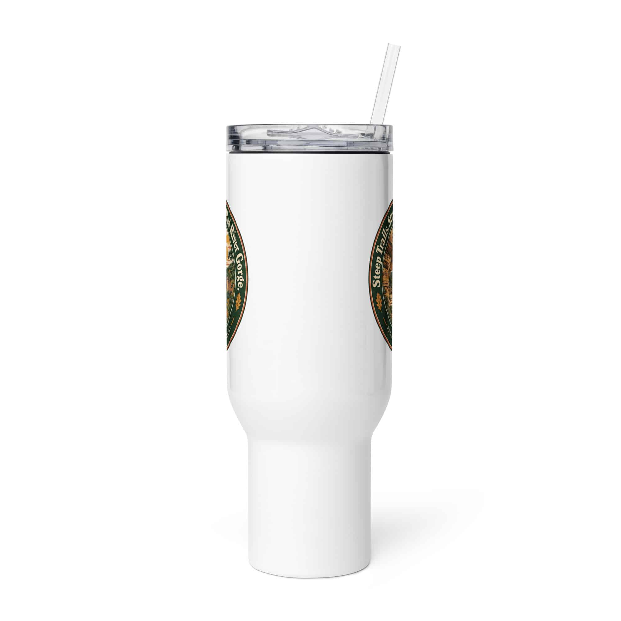 Red River Gorge Travel Mug: Steep Trails. Strong Coffee. Red River Gorge, Vintage Round Badge