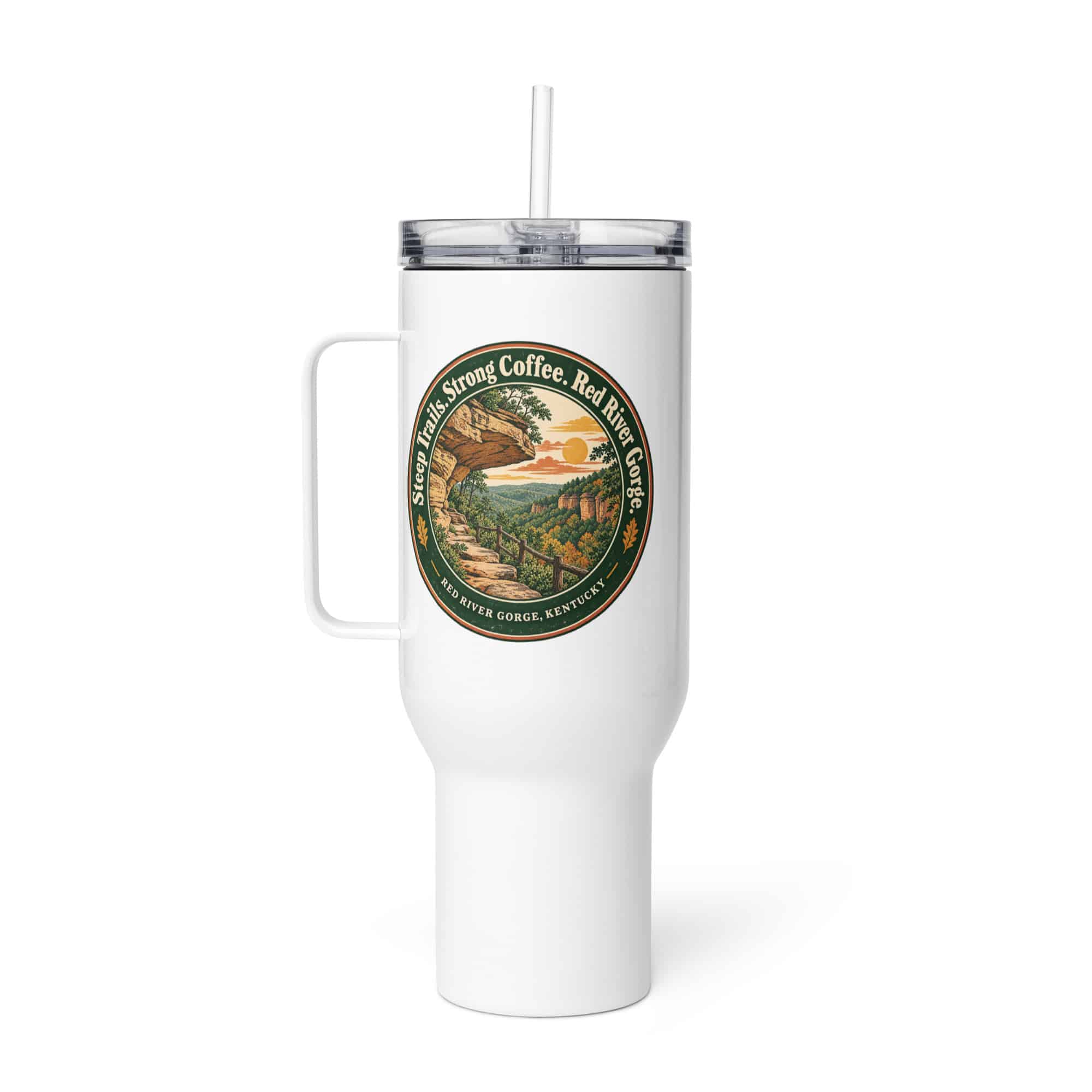 Red River Gorge Travel Mug: Steep Trails. Strong Coffee. Red River Gorge, Vintage Round Badge