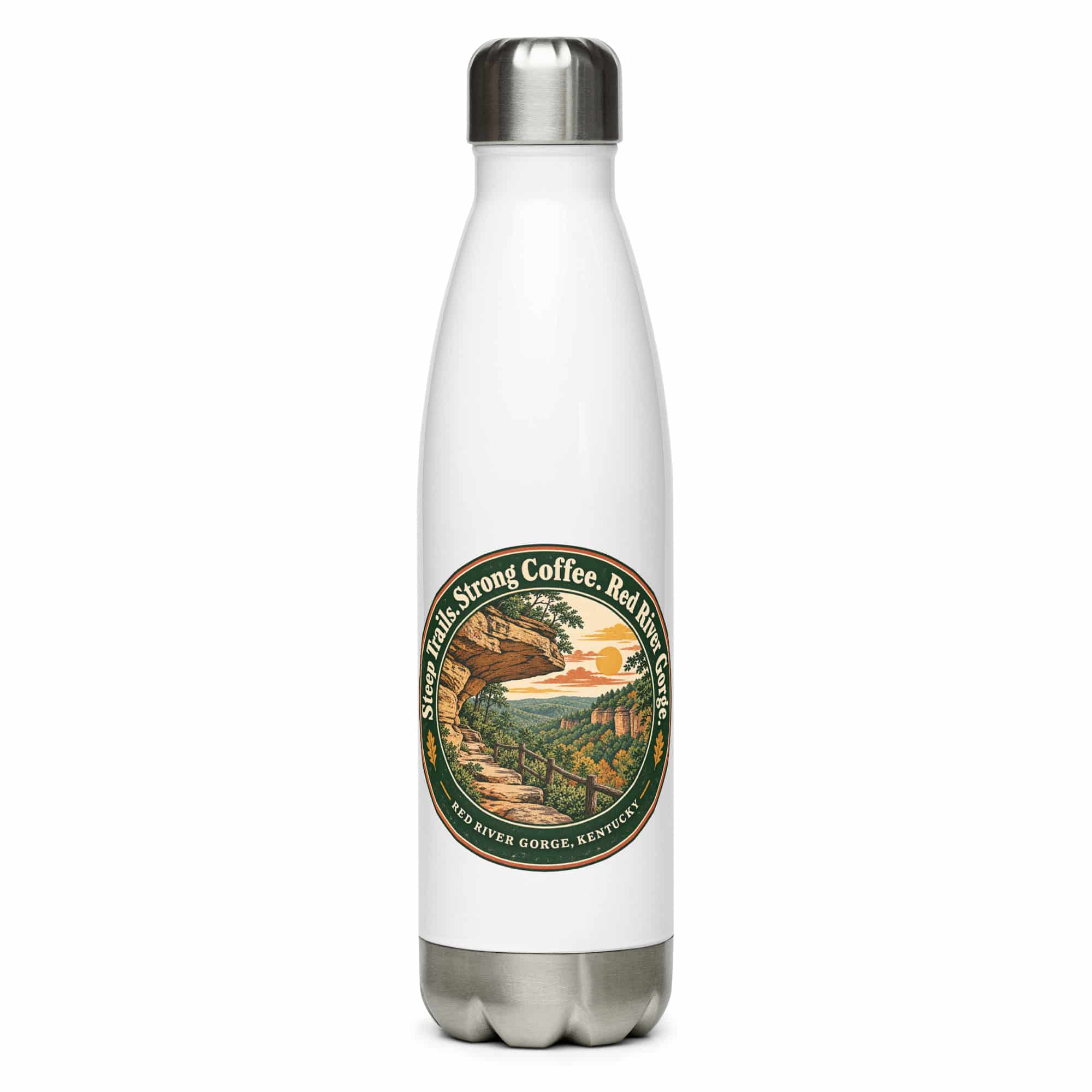 Red River Gorge Stainless Steel Water Bottle: Steep Trails. Strong Coffee. Red River Gorge, Vintage Round Badge