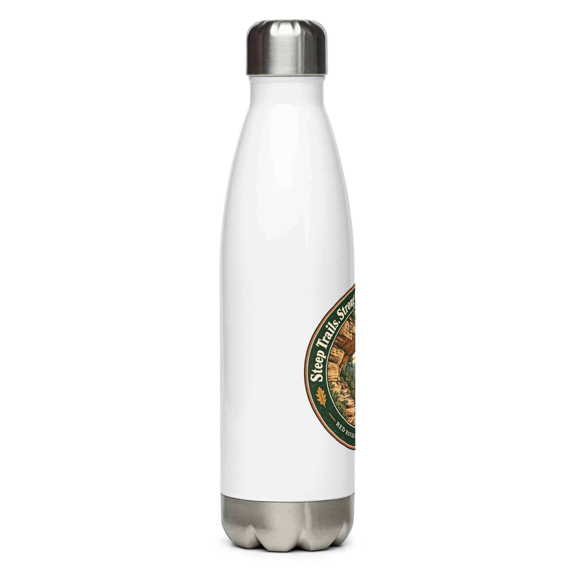 Red River Gorge Stainless Steel Water Bottle: Steep Trails. Strong Coffee. Red River Gorge, Vintage Round Badge