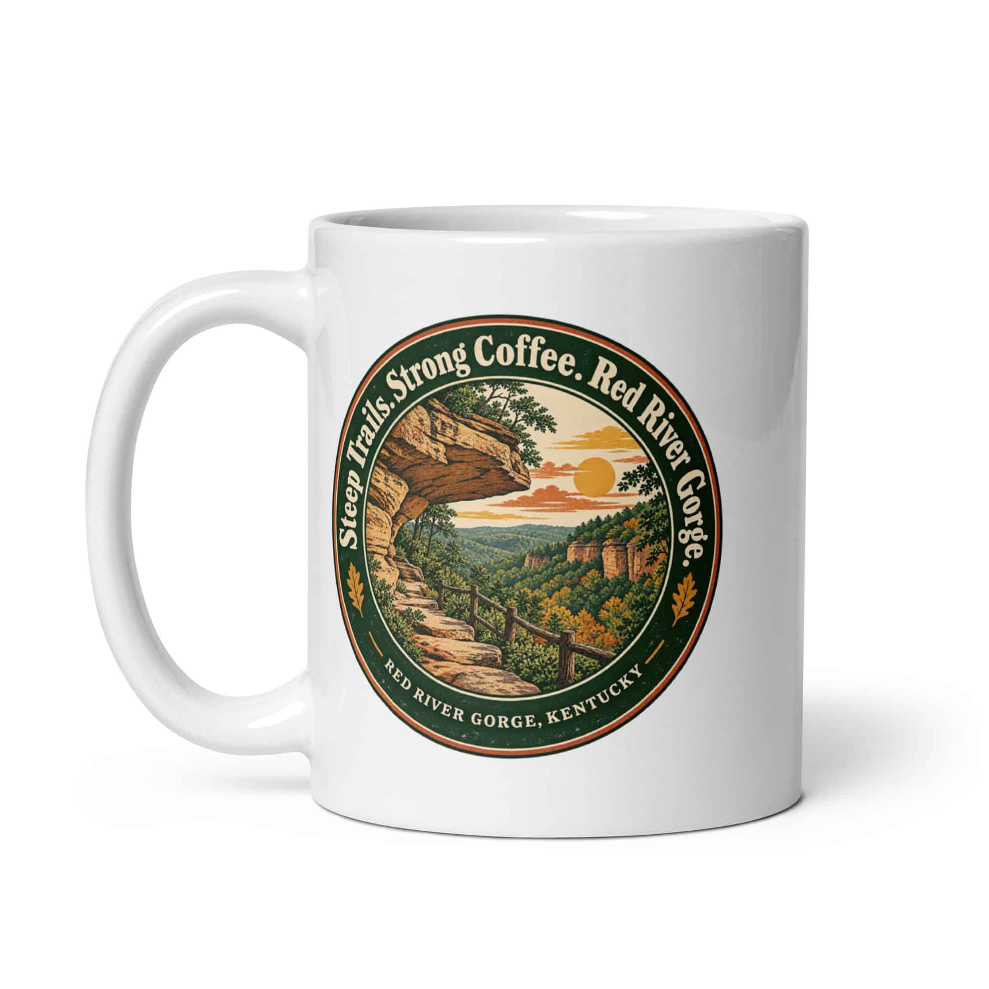 Red River Gorge White Ceramic Coffee Mug: Steep Trails. Strong Coffee. Red River Gorge, Vintage Round Badge