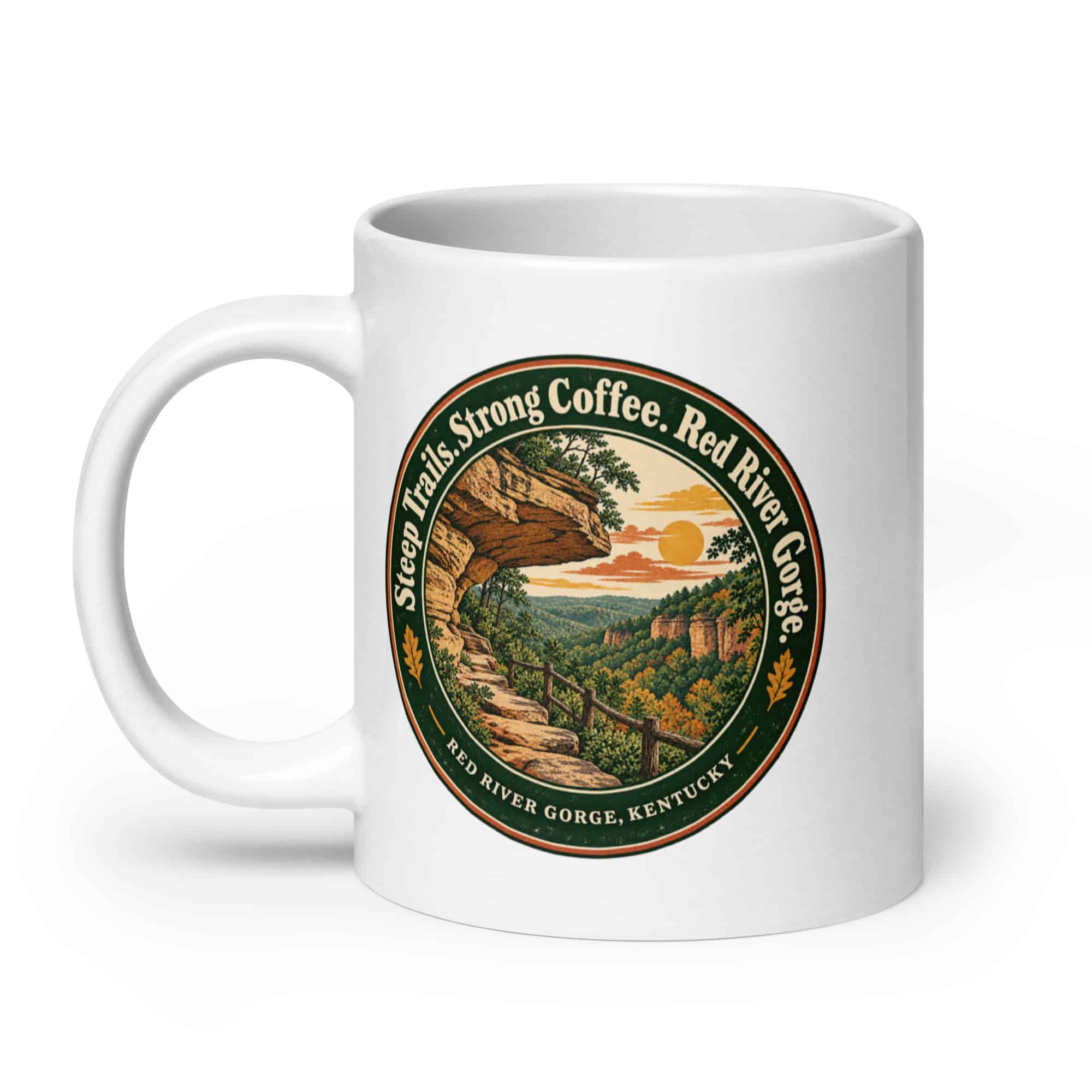 Red River Gorge White Ceramic Coffee Mug: Steep Trails. Strong Coffee. Red River Gorge, Vintage Round Badge
