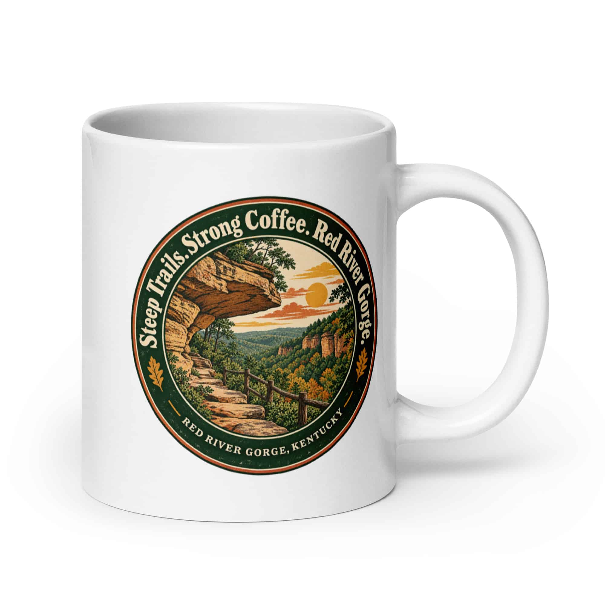 Red River Gorge White Ceramic Coffee Mug: Steep Trails. Strong Coffee. Red River Gorge, Vintage Round Badge