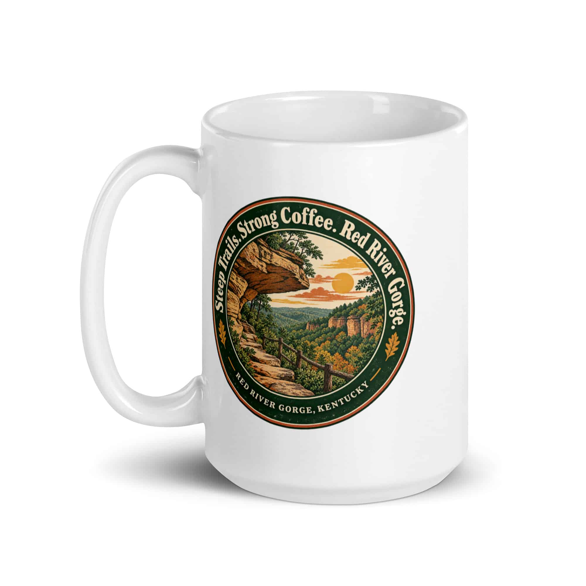 Red River Gorge White Ceramic Coffee Mug: Steep Trails. Strong Coffee. Red River Gorge, Vintage Round Badge
