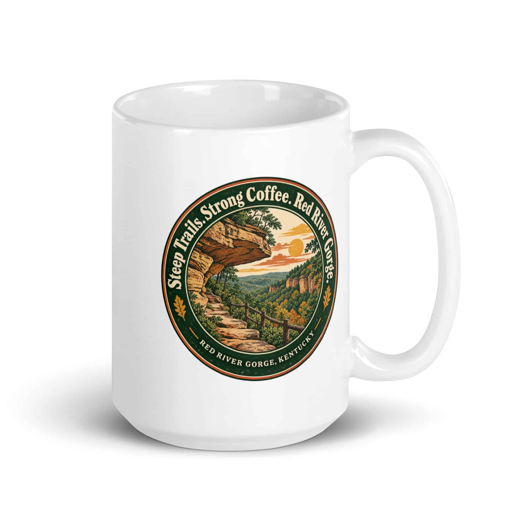 Red River Gorge White Ceramic Coffee Mug: Steep Trails. Strong Coffee. Red River Gorge, Vintage Round Badge