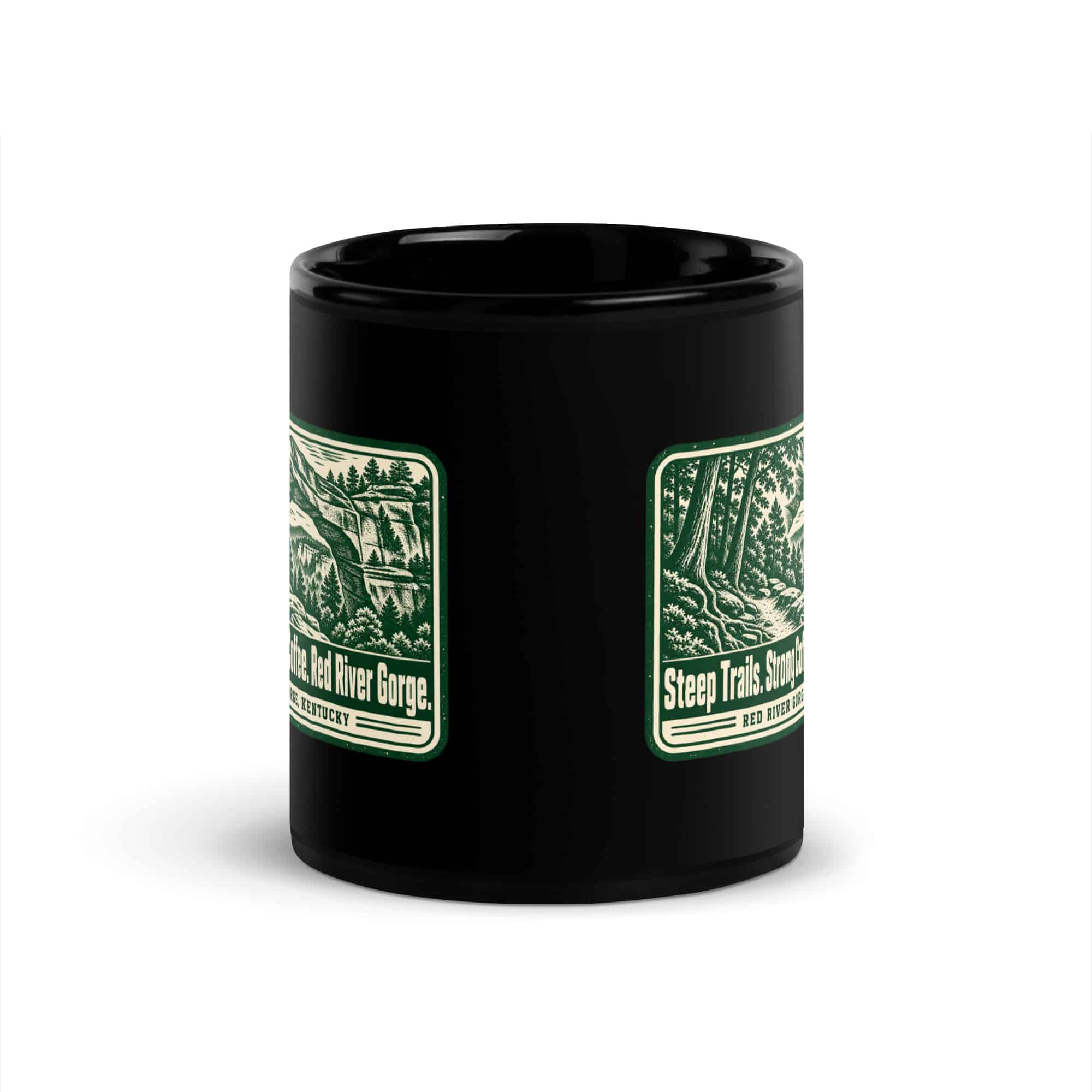 Red River Gorge Black Coffee Mug: Steep Trails. Strong Coffee. Red River Gorge, Forest Ink Stamp