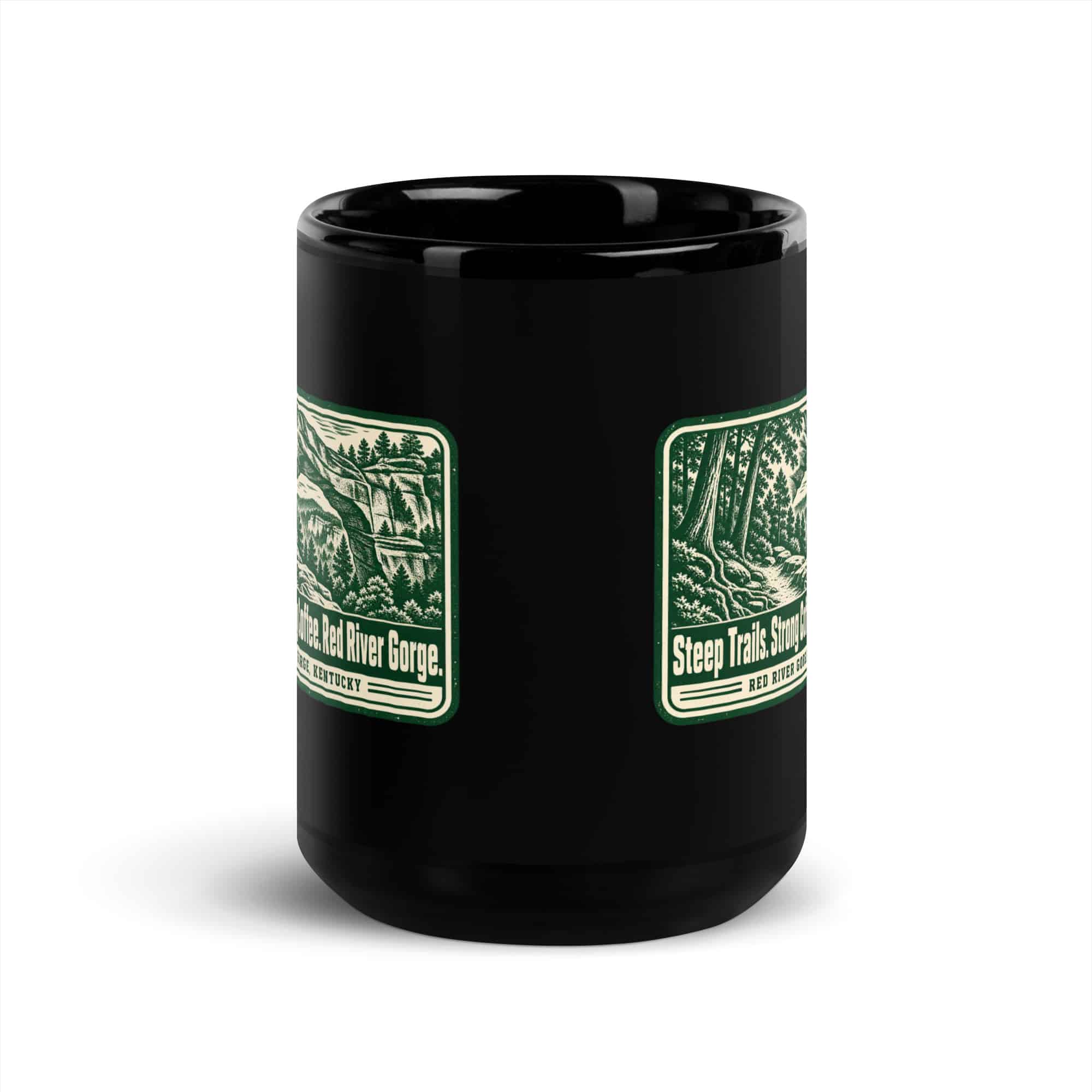 Red River Gorge Black Coffee Mug: Steep Trails. Strong Coffee. Red River Gorge, Forest Ink Stamp